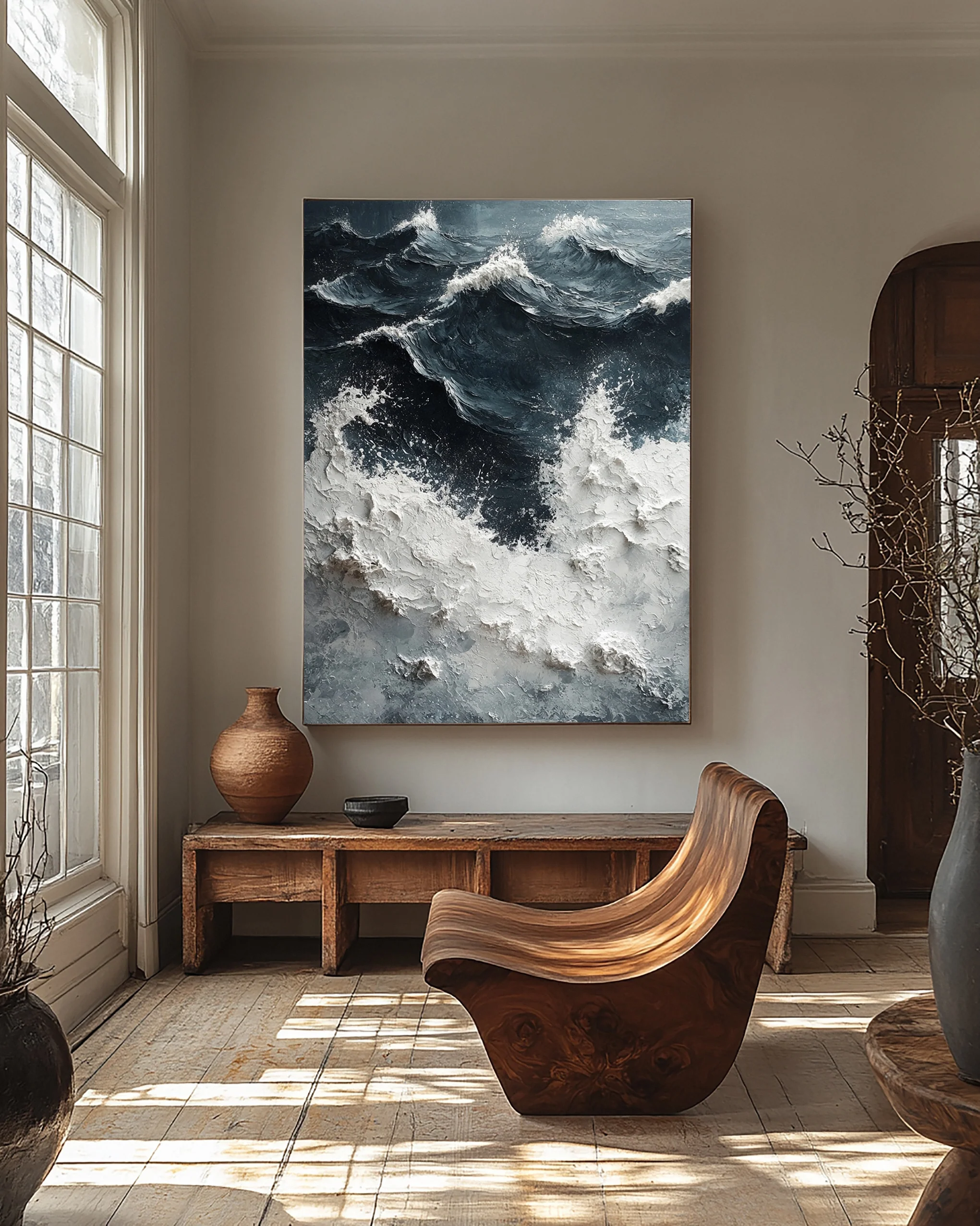 Dramatic Textured Ocean Wave Painting with Turbulent Sky #BGA 347
