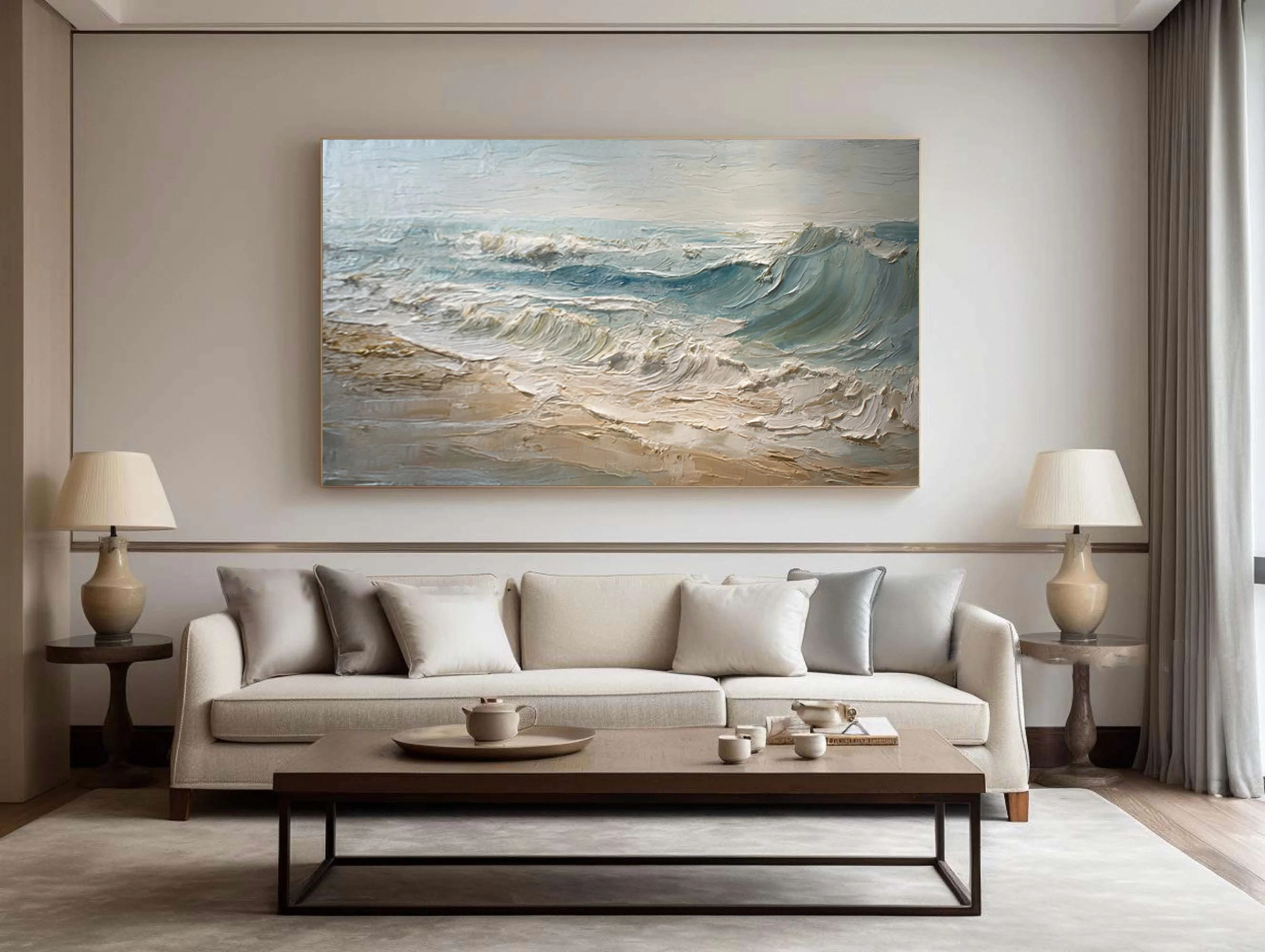 Textured Seascape Painting Blue White Sand Modern #WG 039
