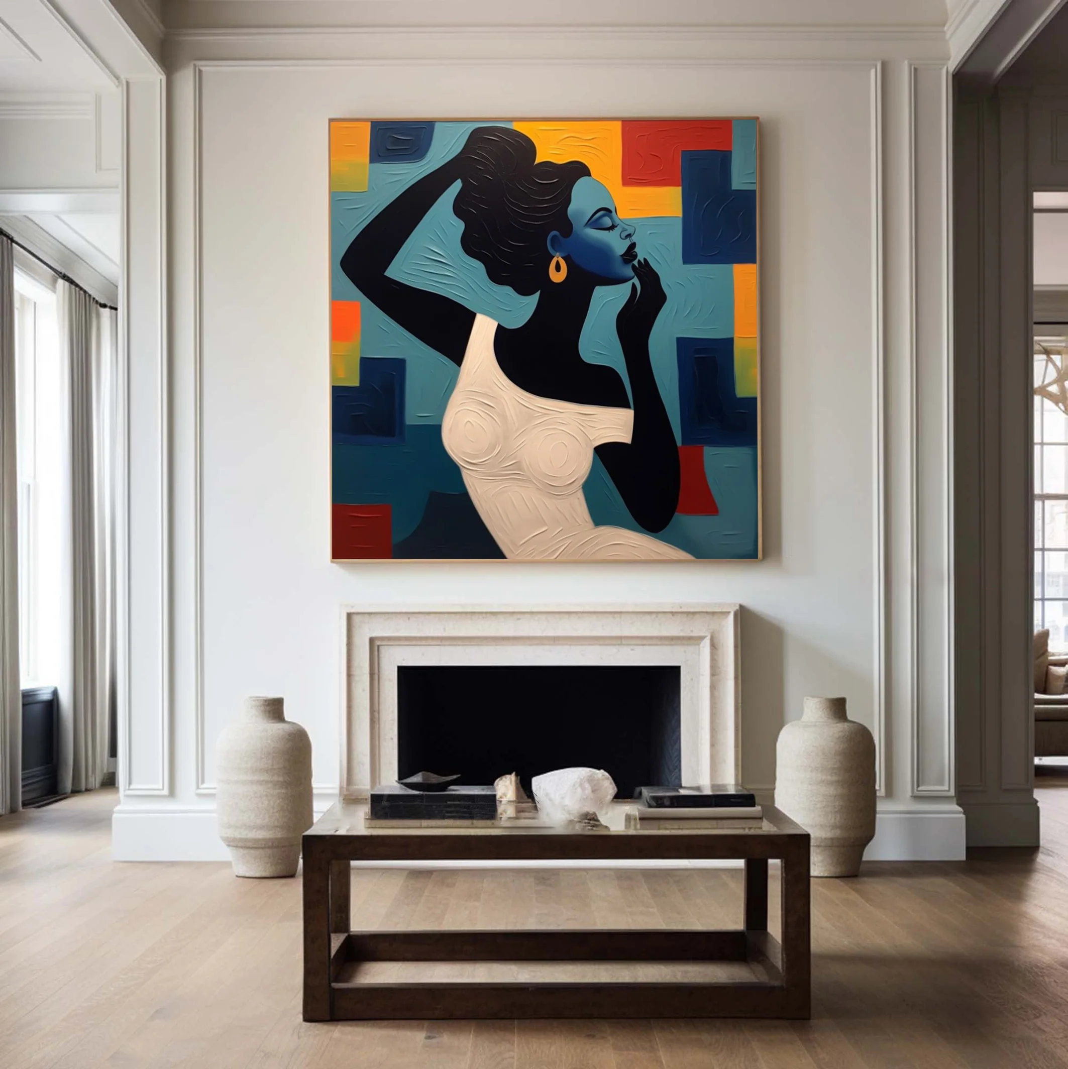 Stylized Figure Against Textured Color Shapes, Elegant Portrait #BGA 251