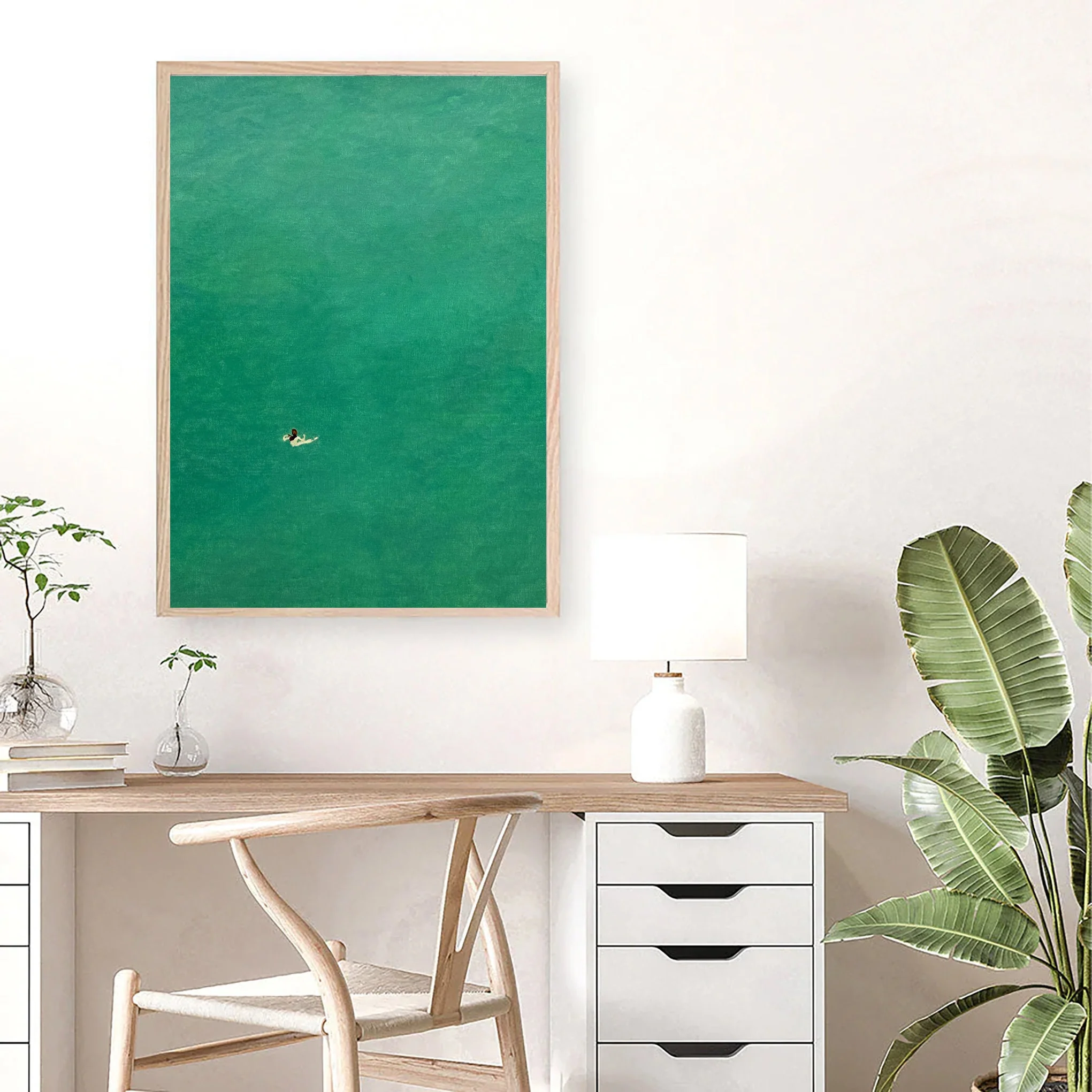 Minimalist Art of a Swimmer on the Surface of Clear Green Water #BGA 370