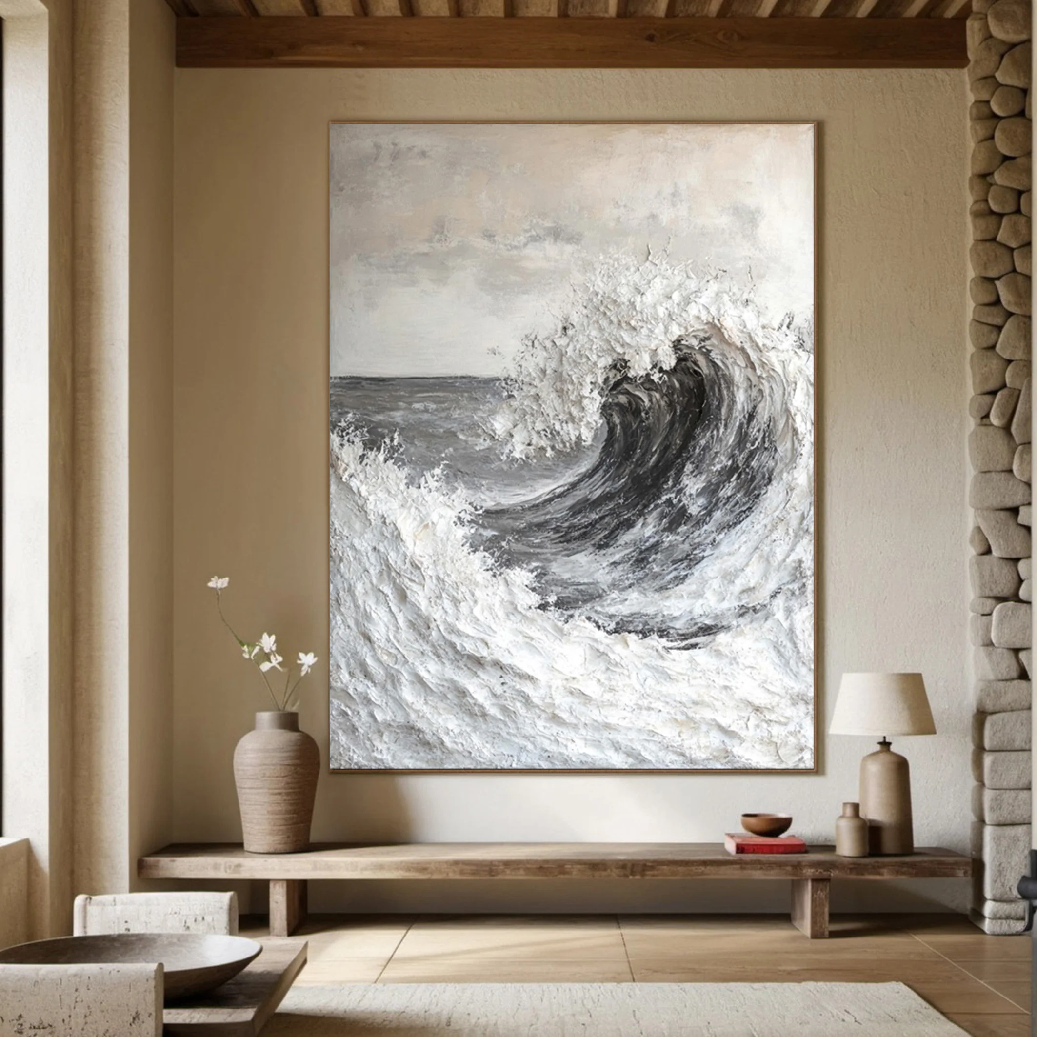Contemporary Grayscale Ocean Art with Texture Wave #BGA 283