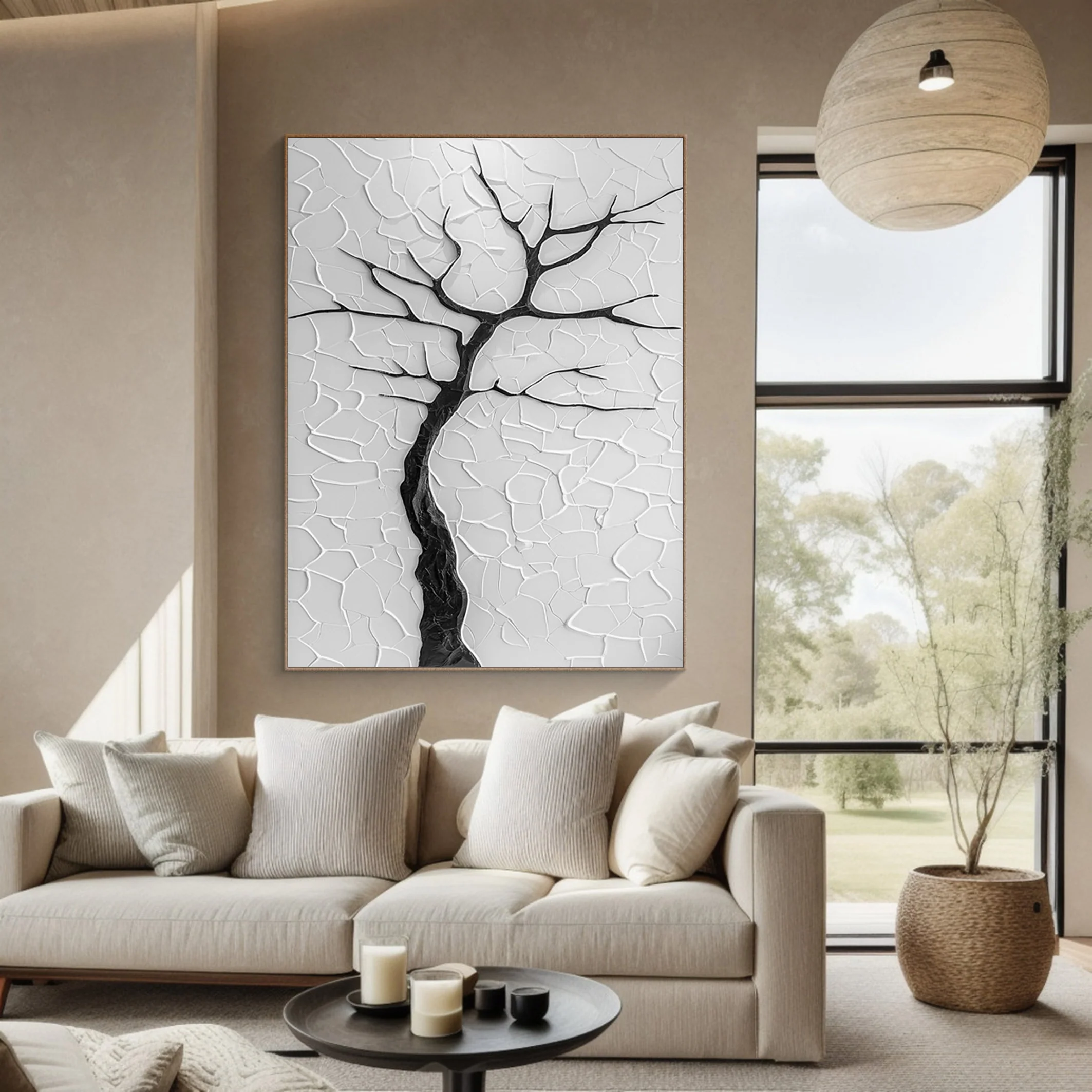 Contemporary Black Tree Silhouette on Textured Neutral Canvas #BGA 285