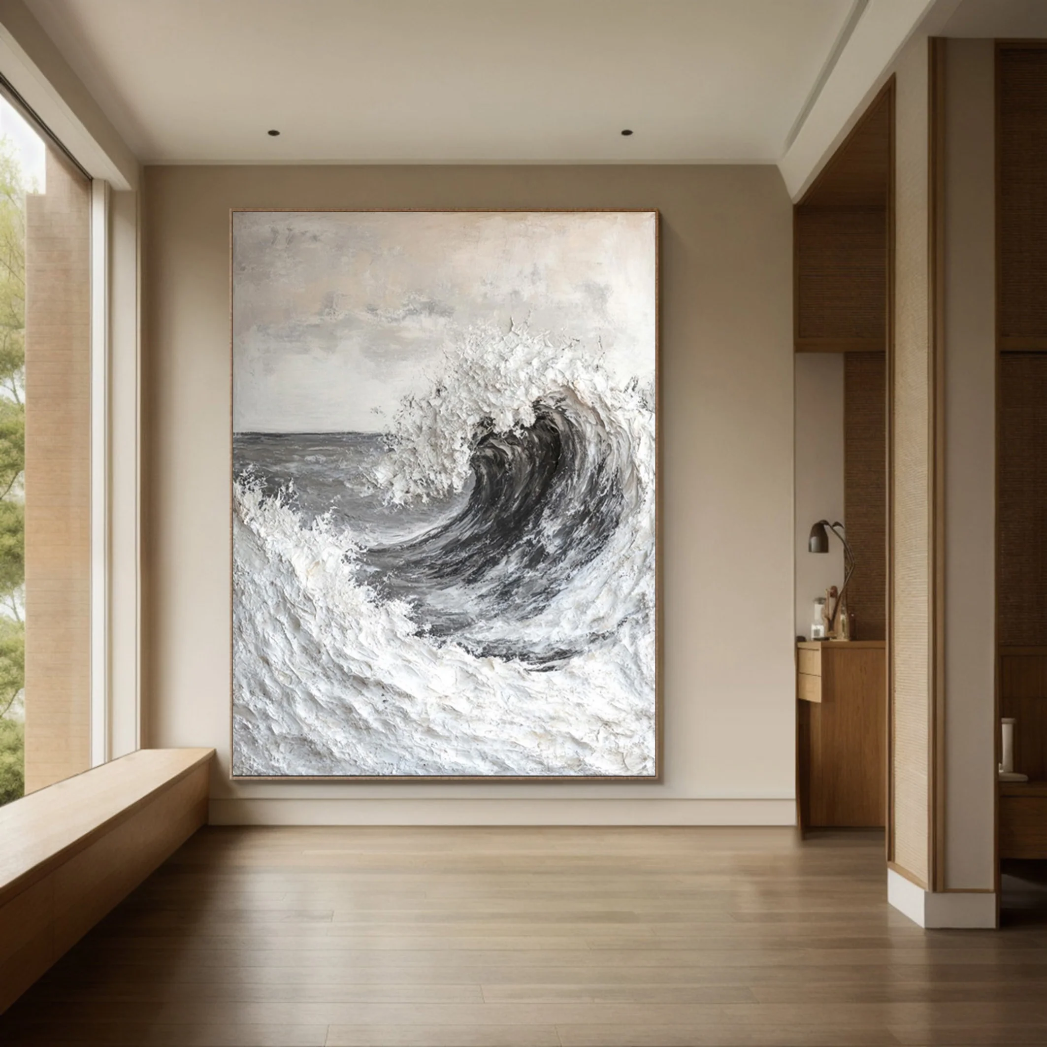 Contemporary Grayscale Ocean Art with Texture Wave #BGA 283