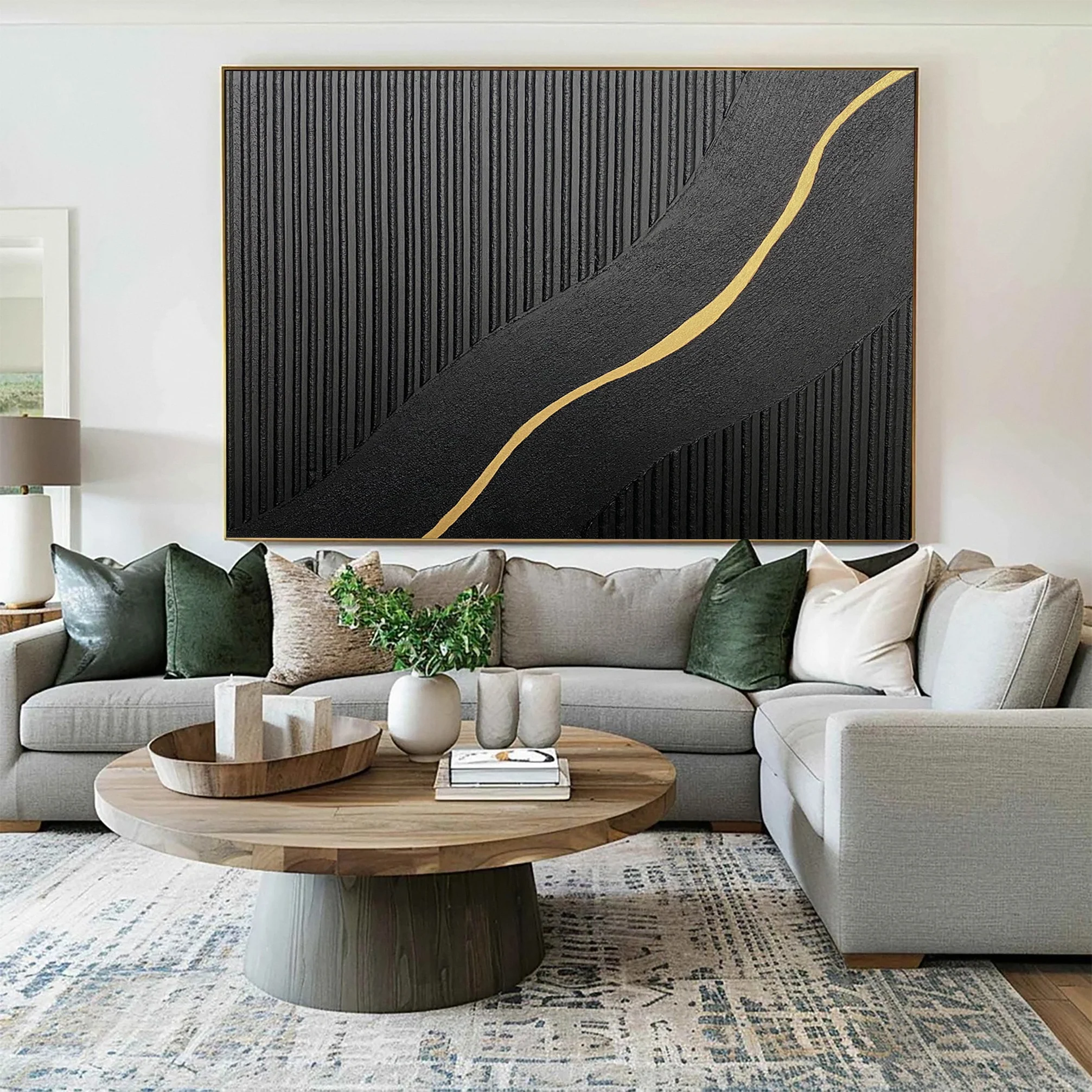Modern Abstract with Textured Black and Diagonal Gold Gleam #BGA 311
