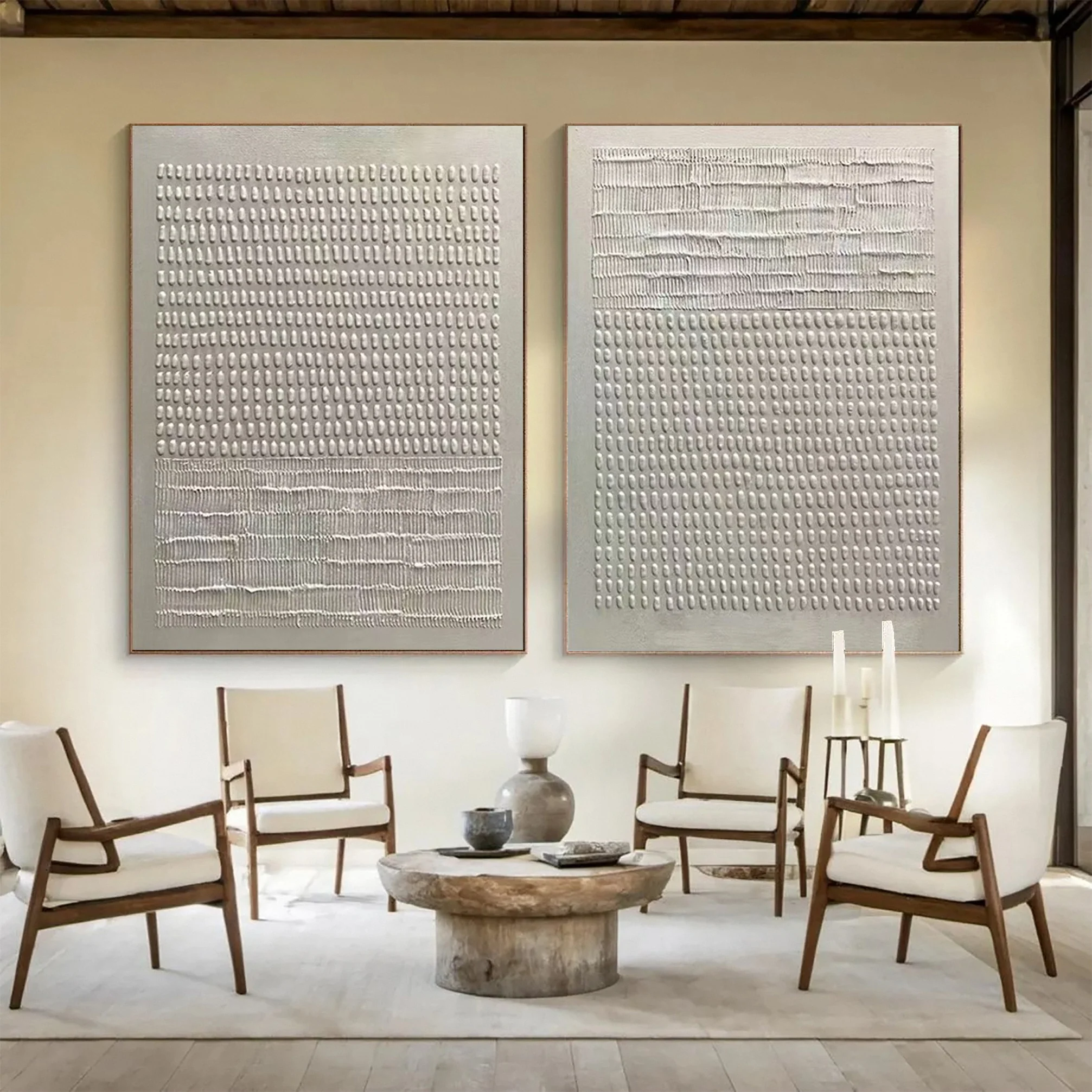 Modern Beige Abstract Diptych with Organic Textured Fields #BGA 343