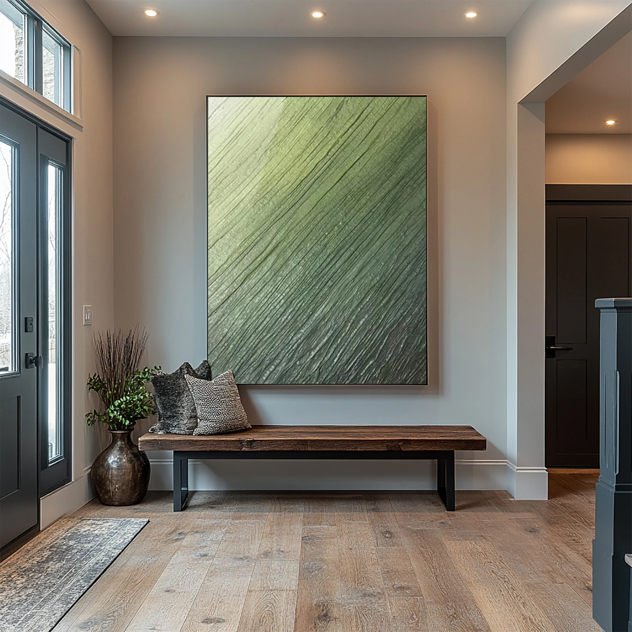 Modern Art with Textured Green Color Wash and Diagonal Lines #BGA 341