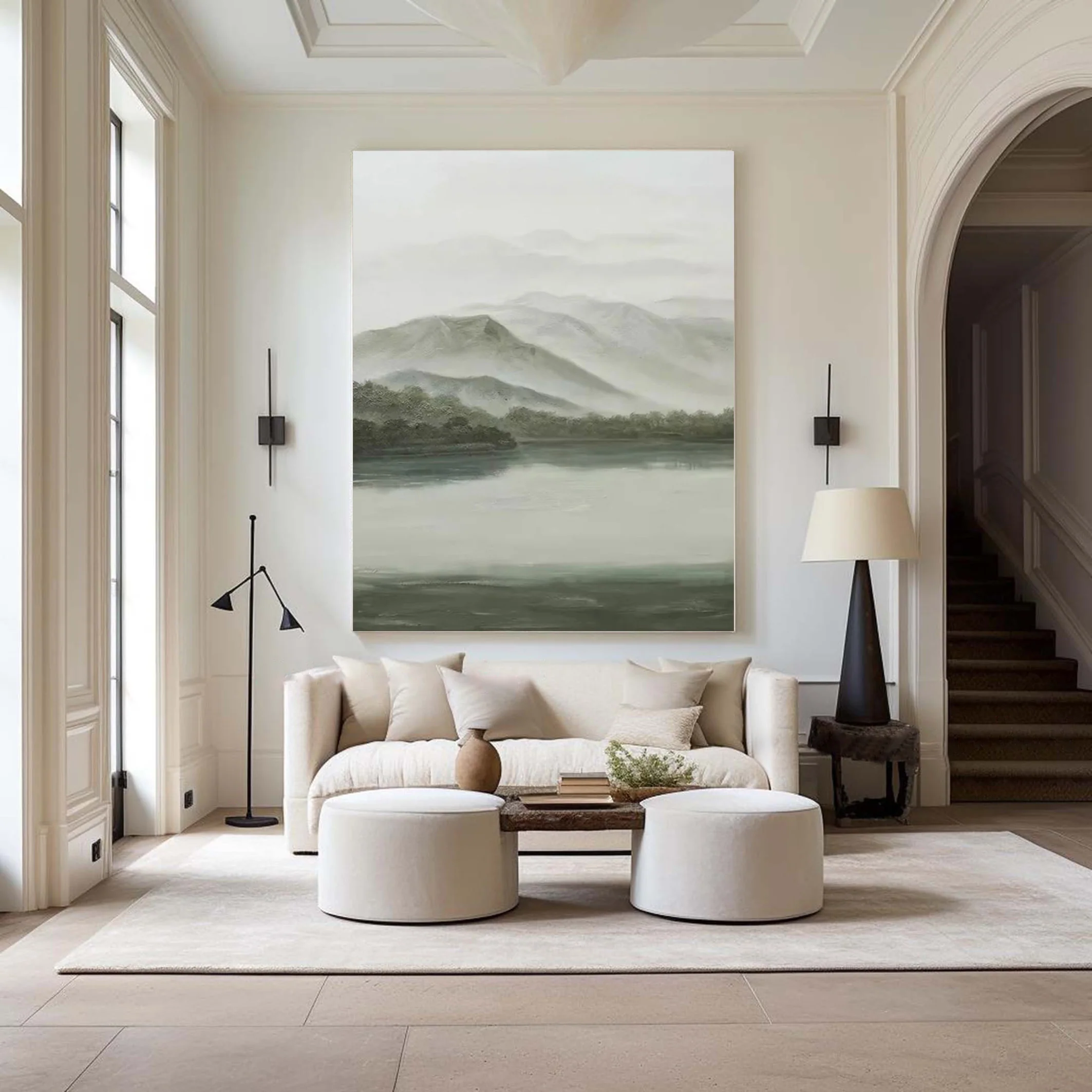 Soft Gray & Green Landscape, Peaceful Mountain Lake Scene #BGA 255