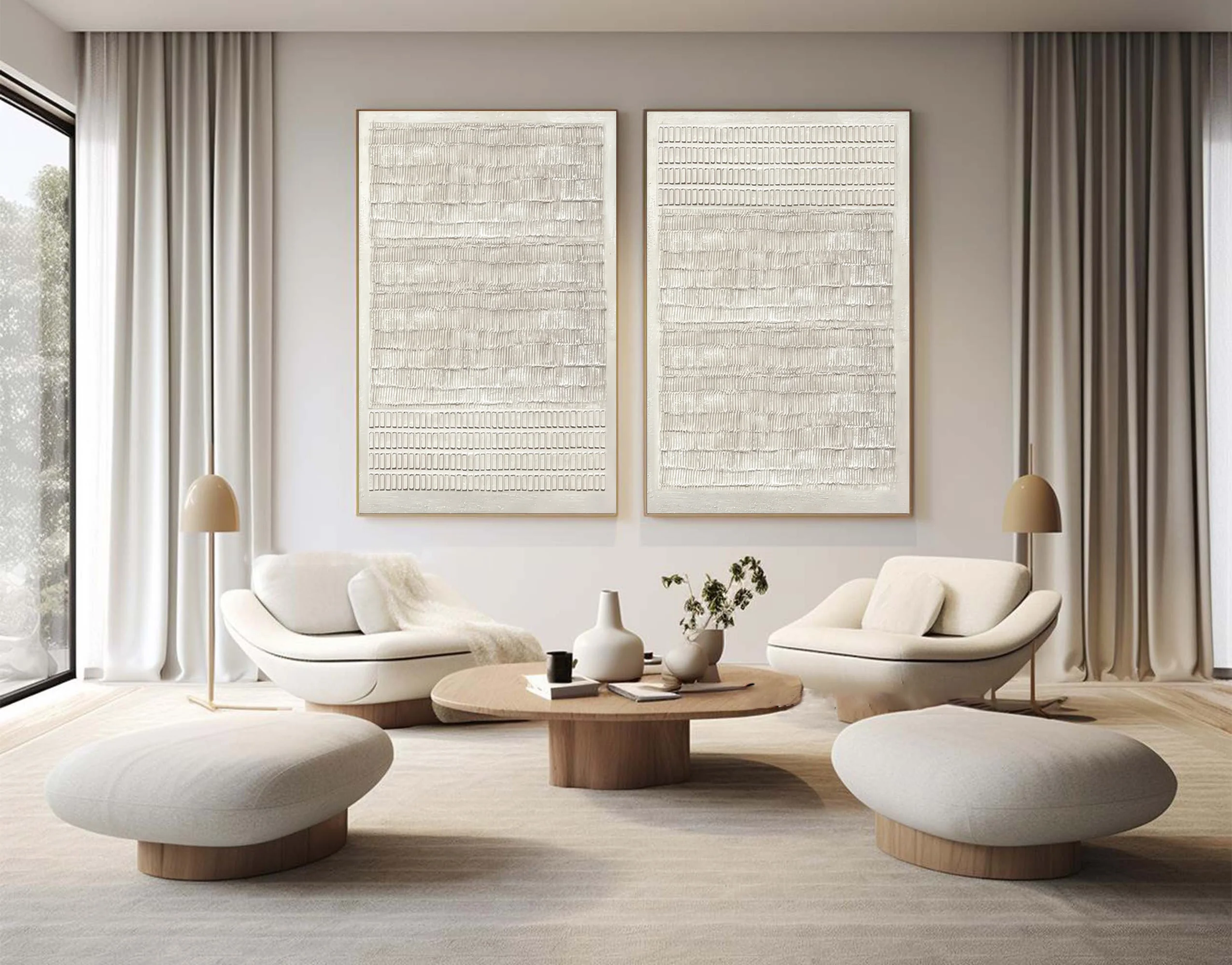 Abstract White Impasto Painting Duo Vertical Accent #WG 035