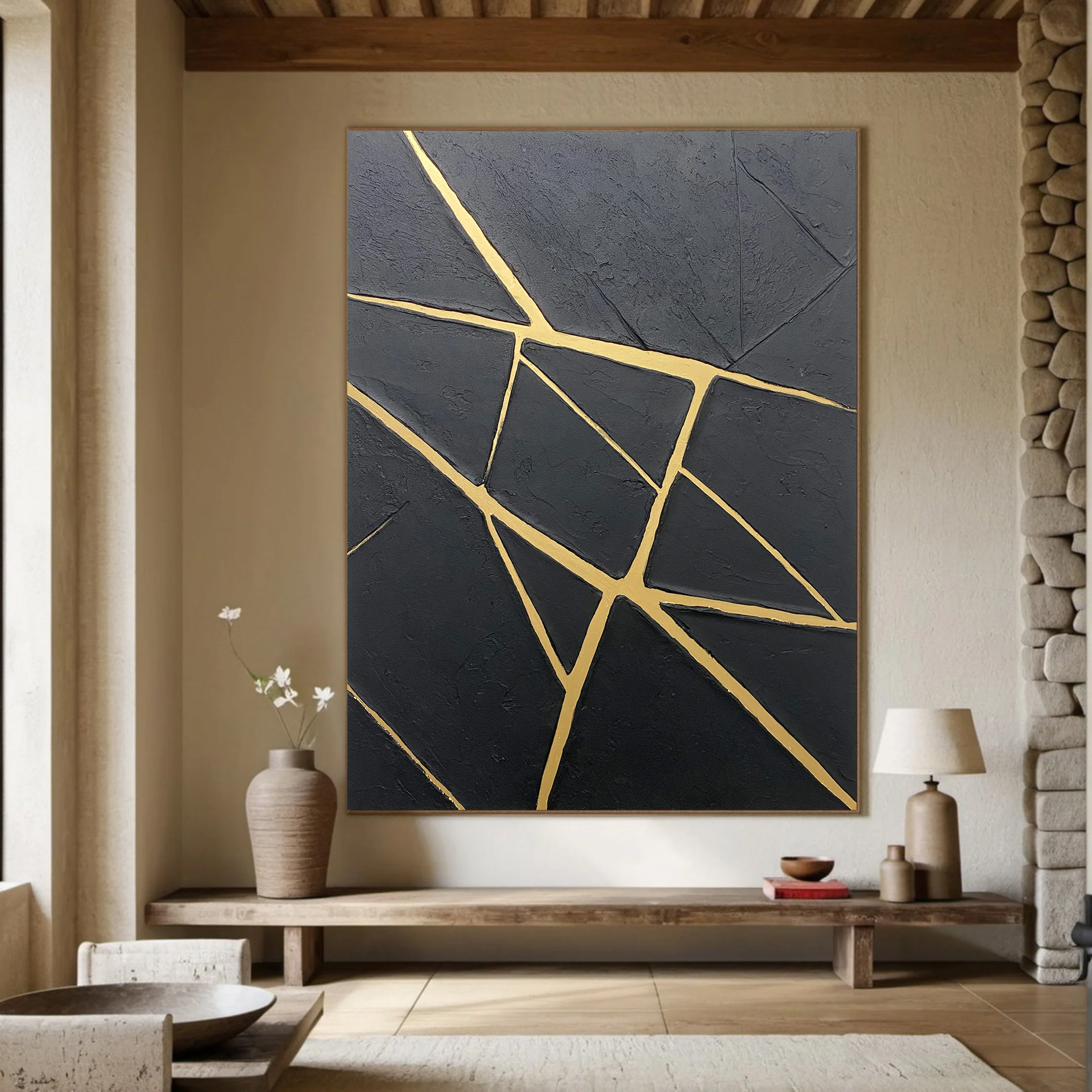 Contemporary Black Impasto with Luminous Linear Gold Markings #BGA 277