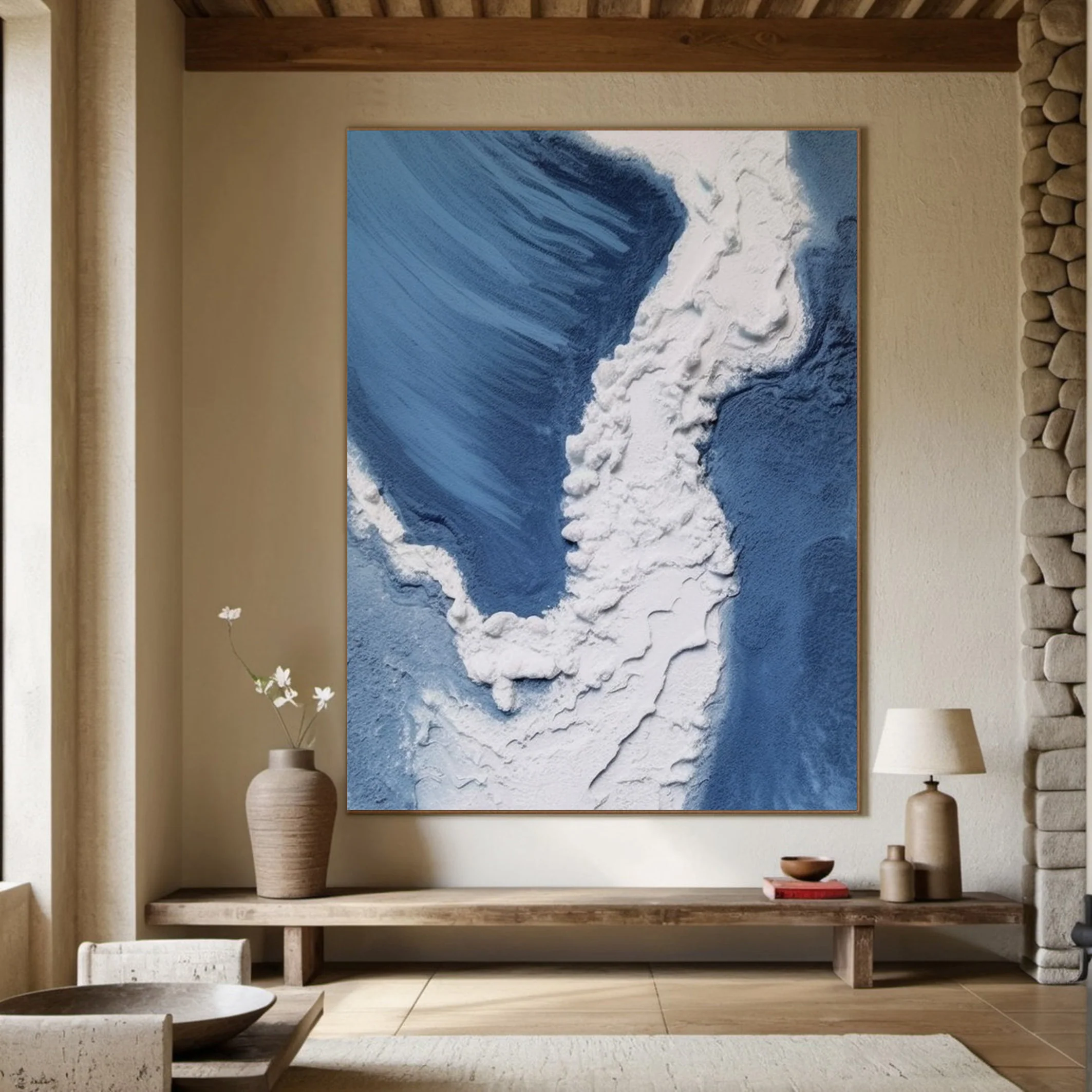 3D Textured Aerial Ocean, Minimalist Blue and White Art #BGA 247