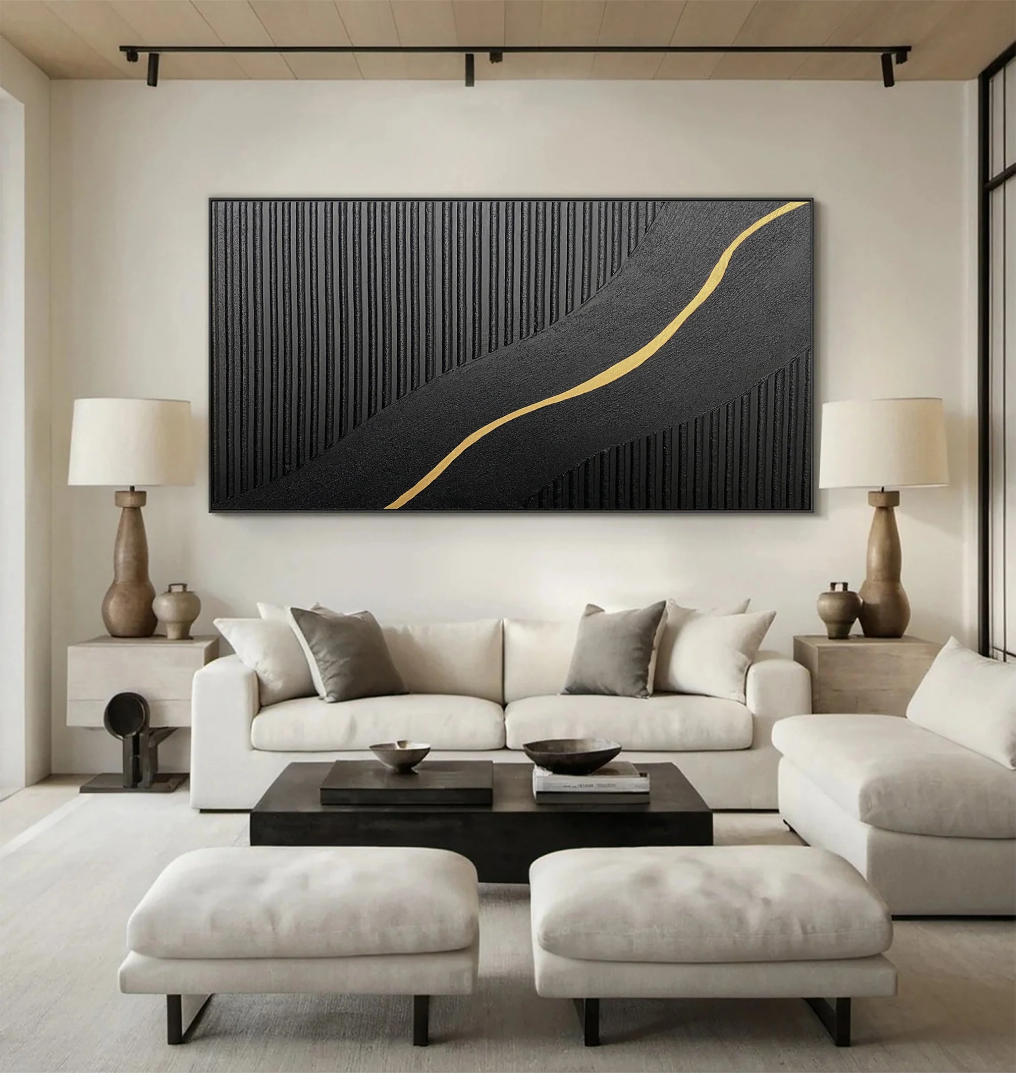 Modern Abstract with Textured Black and Diagonal Gold Gleam #BGA 311