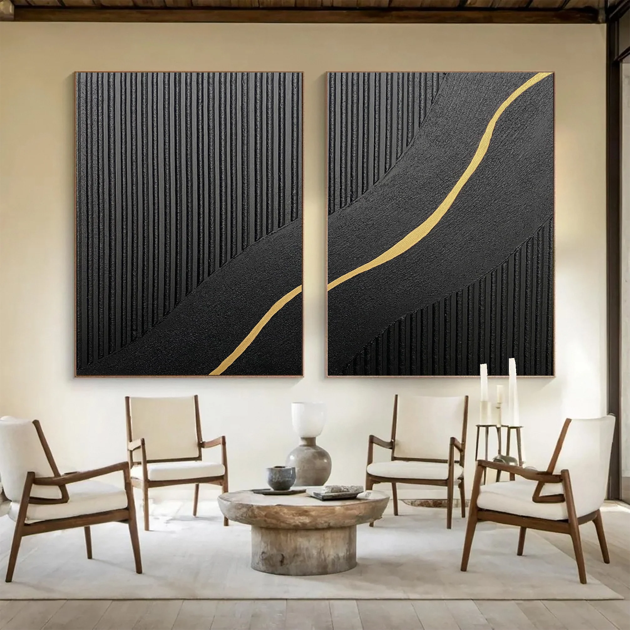 Textured Black Diptych with a Curving Gold Accent Unfurling #BGA 312