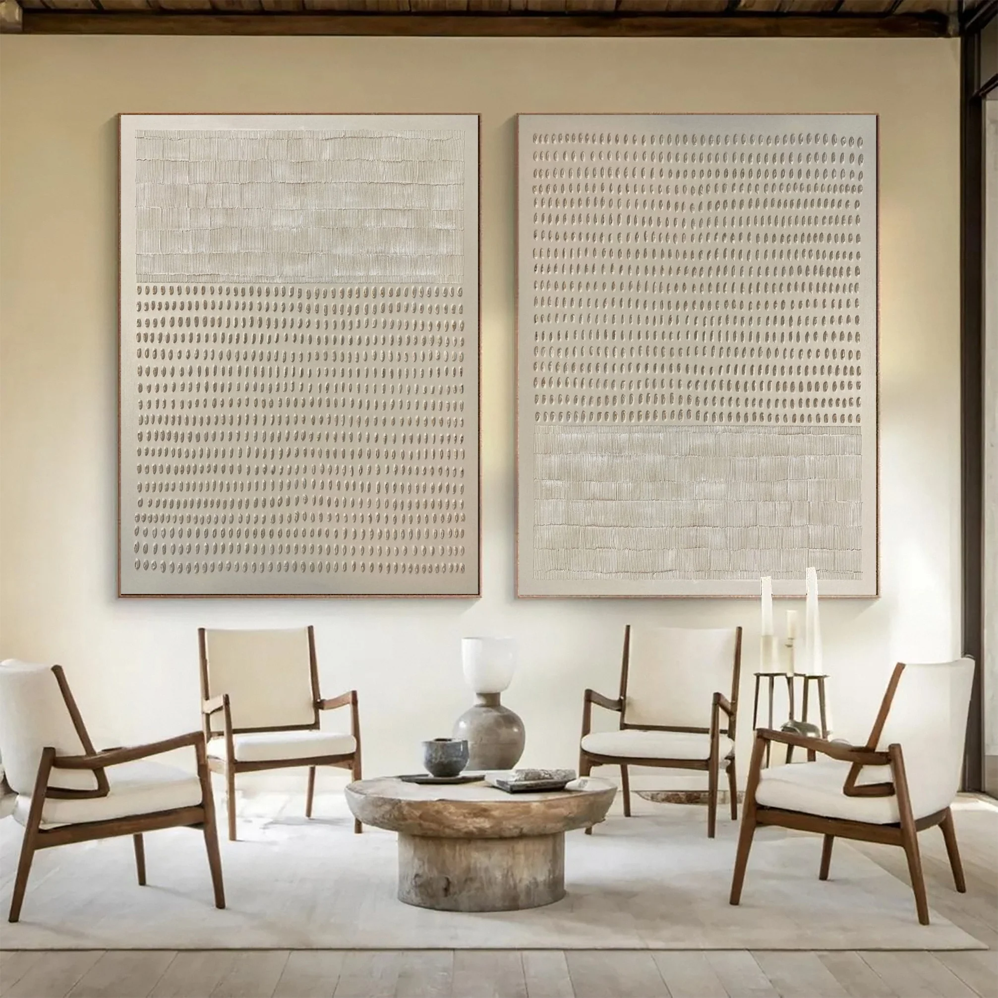 Abstract Neutral Diptych with Repeated Tactile Strokes #BGA 293