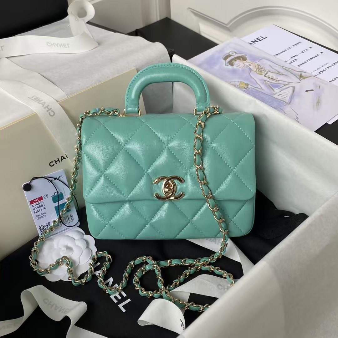 Replicate Chanel 24C AS4543 Mini Flap Bag Chain Bag Top Handle Turquoise Lambskin(1:1 replica)