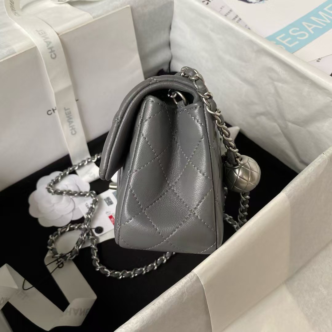 Replicate Chanel 23K AS1787 Mini Pearl Embossed Rectangular Flap Bag Lambskin Brushed Silver Metal Hardware Dark Grey(1:1 replica)