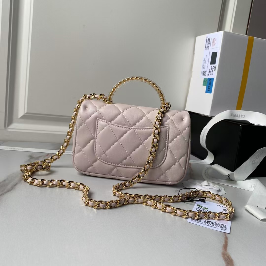Replicate Chanel AS4847 Mini Flap Bag With Top Handle Lambskin Resin Pink(1:1 replica)