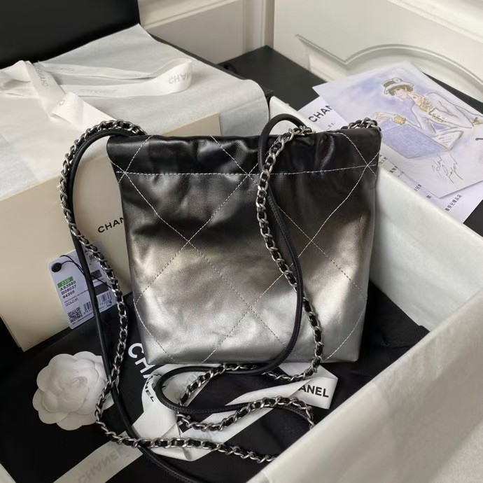 Replicate Chanel 22 AS3980 Mini Tote Shiny Calfskin   Silver Metal Silver Black(1:1 replica)
