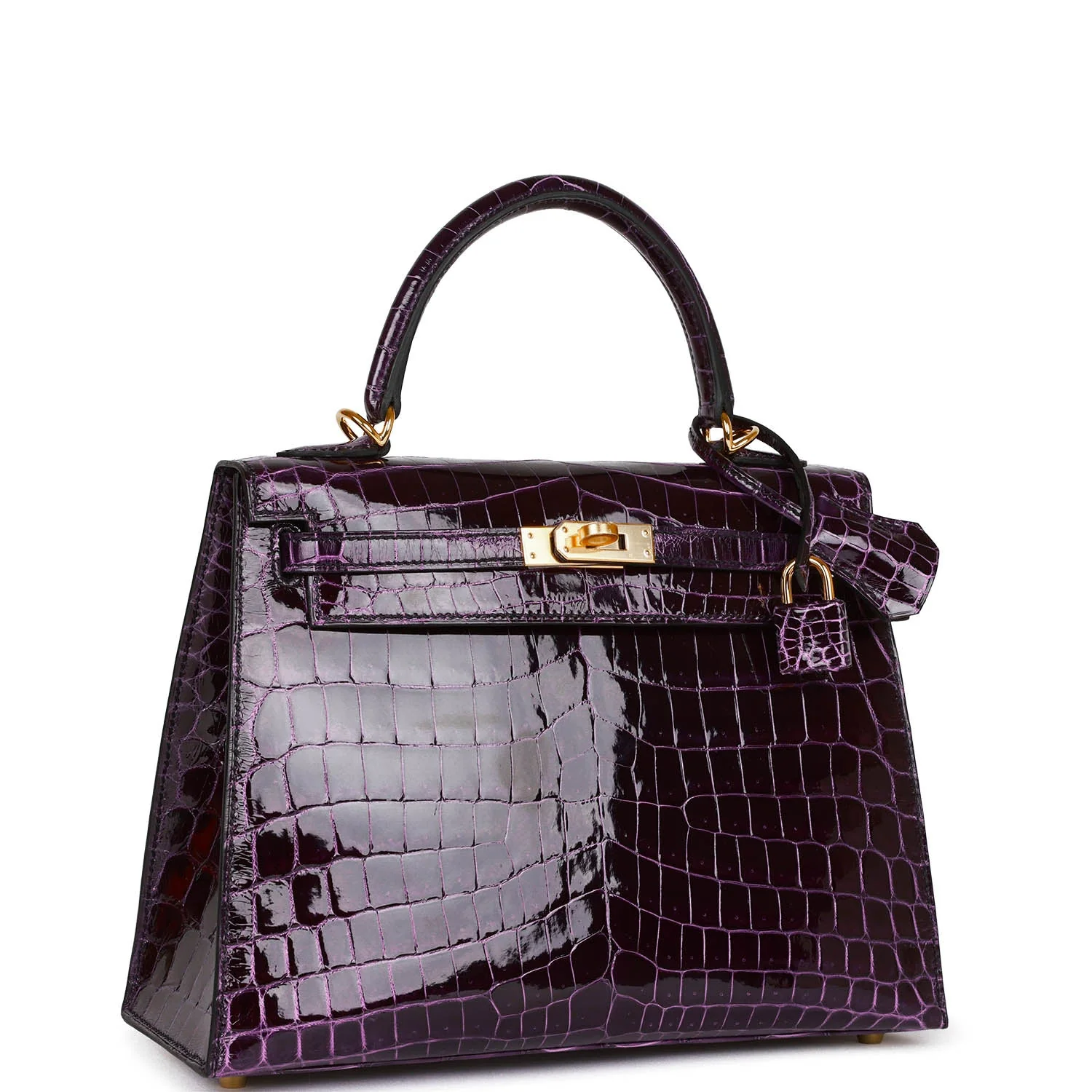 Replicate Hermes Kelly Sellier 25 Aubergine Shiny Niloticus Crocodile Gold Hardware(1:1 replica)