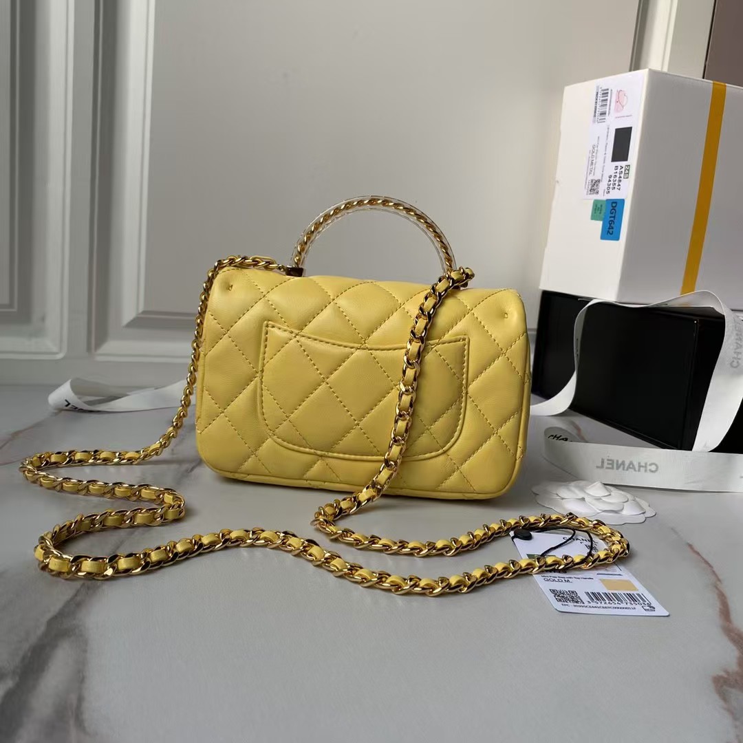 Replicate Chanel AS4847 Mini Flap Bag With Top Handle Lambskin Resin Yellow(1:1 replica)