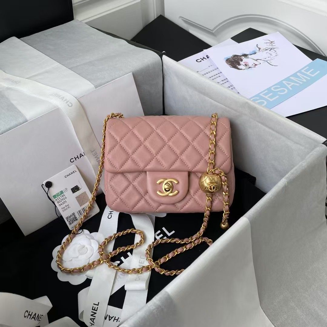 Replicate Chanel 23C AS1786 Mini Square Pearl Embossed Flap Bag Antique Gold Hardware Dark Pink(1:1 replica)
