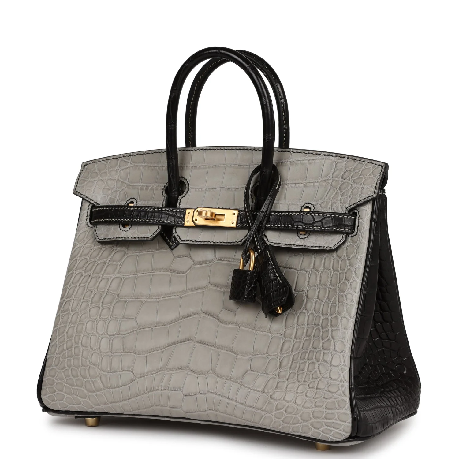 Replicate Hermes Special Order (HSS) Birkin 25 Gris Perle and Black Matte Alligator Mississippienis Brushed Gold Hardware(1:1 replica)
