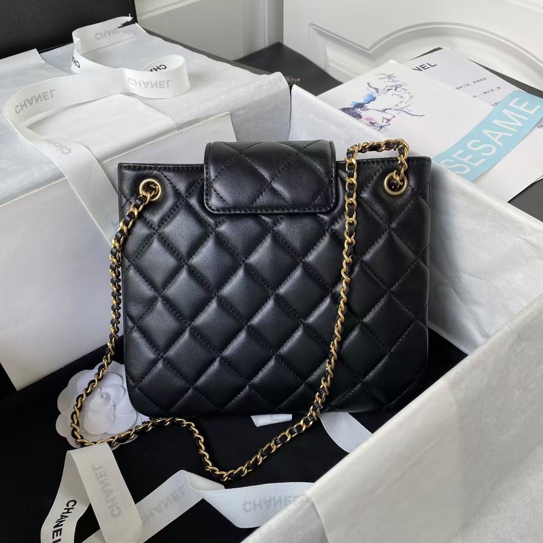 Replicate Chanel 24C AS4596 Vintage Logo Quilted Lambskin Shoulder Bag Black(1:1 replica)