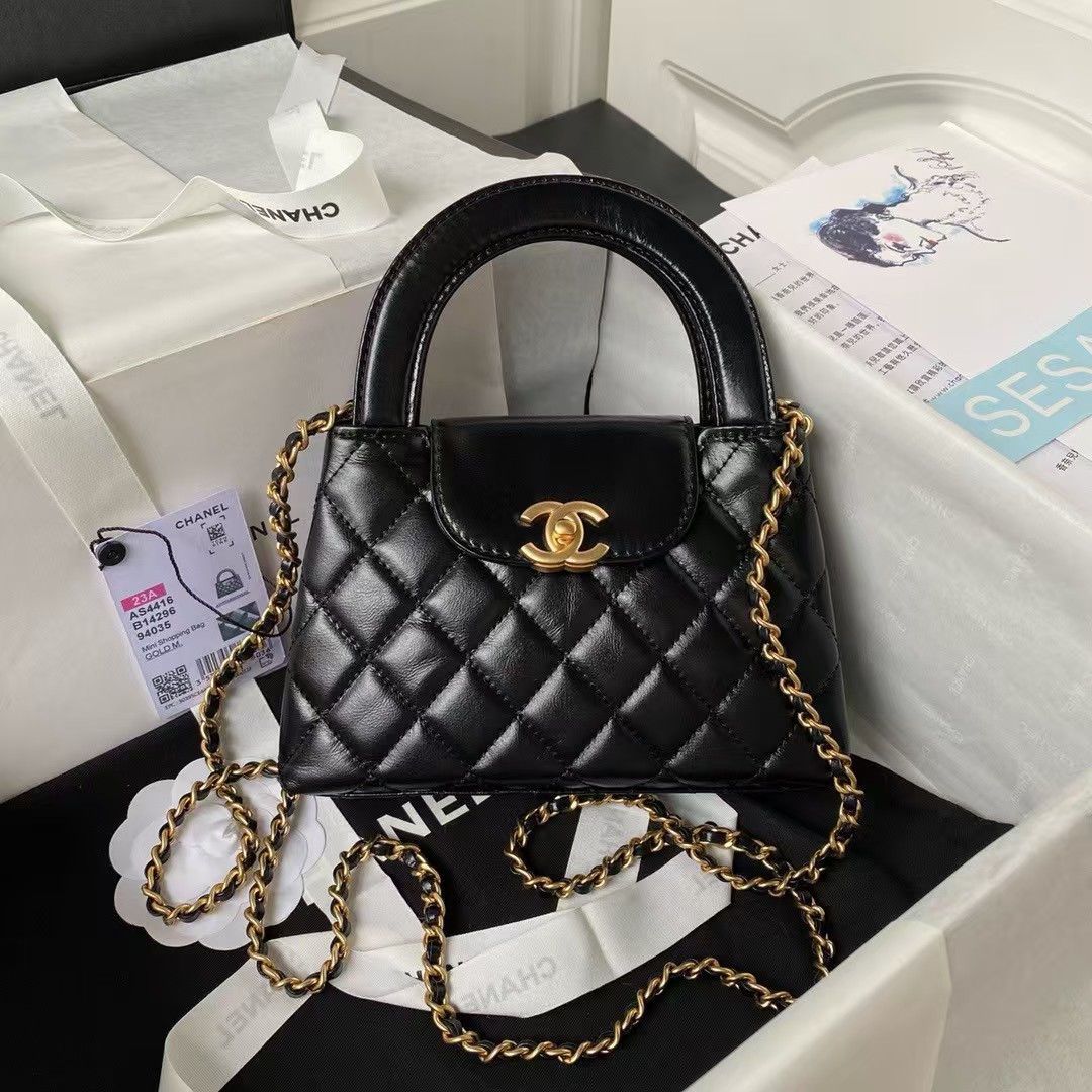 Replicate Chanel AS4416 Mini Shopping Bag Shiny Aged Calfskin Gold Tone Metal Black(1:1 replica)