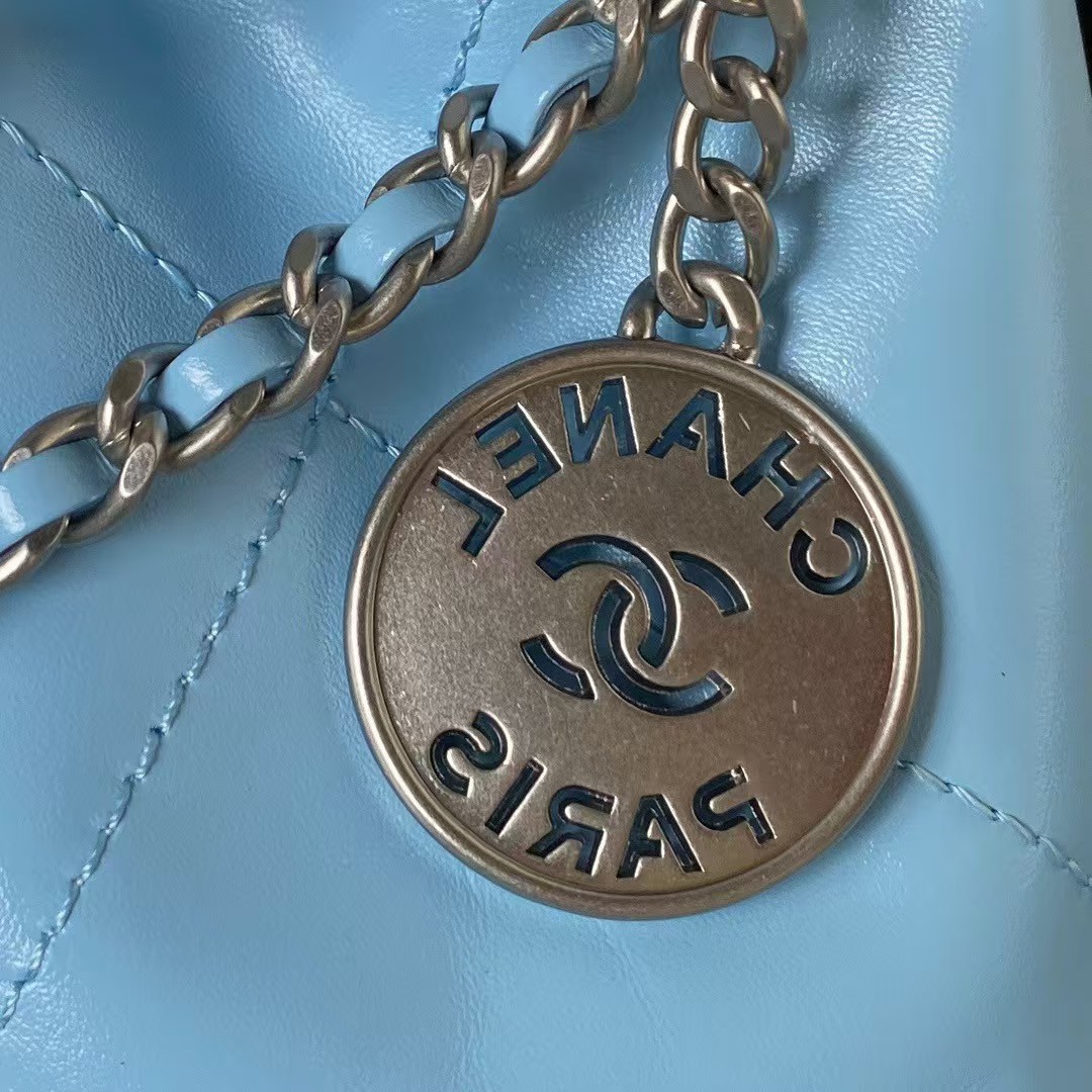 Replicate Chanel 22 AS3980 Mini Tote Shiny Calfskin   Silver-Tone Metal Sky Blue(1:1 replica)