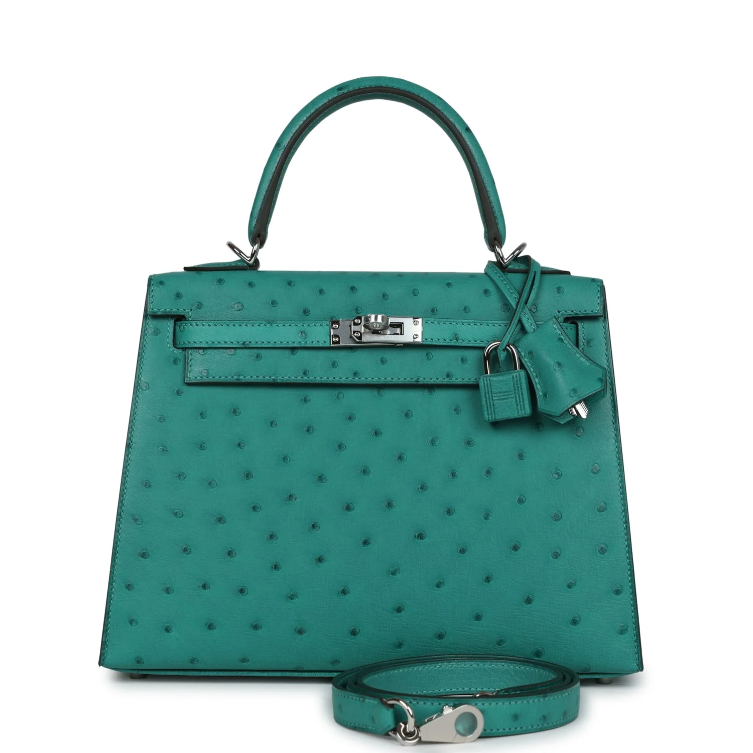 Replicate Hermes Kelly Sellier 25 Vert Verone Ostrich Palladium Hardware(1:1 replica)