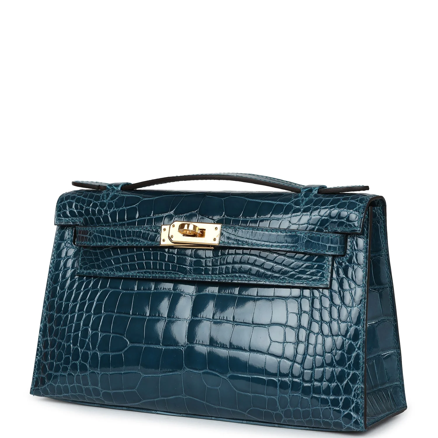 Replicate Hermes Kelly Pochette Vert Bosphore Shiny Alligator Gold Hardware(1:1 replica)