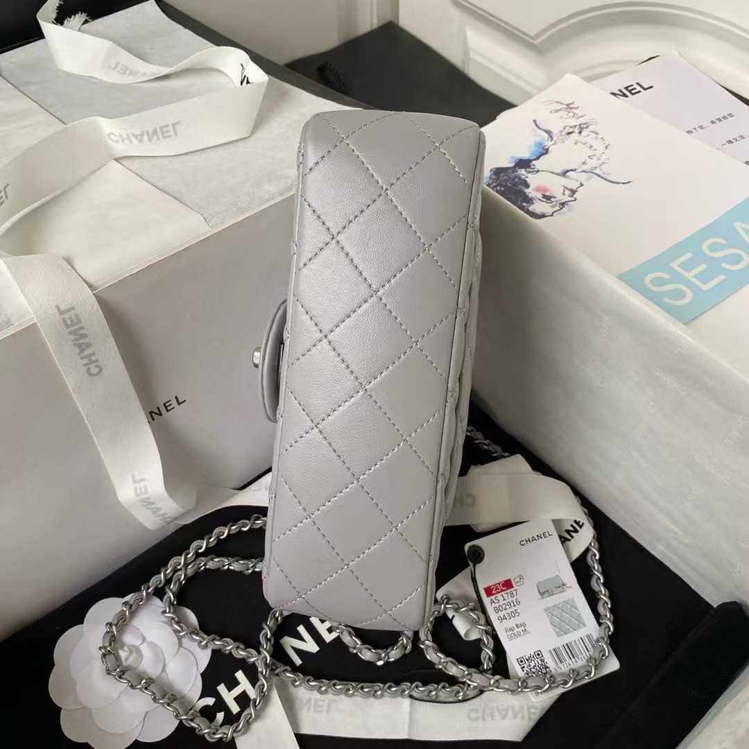 Replicate Chanel 23K AS1787 Mini Pearl Embossed Rectangular Flap Bag Lambskin Brushed Silver Metal Hardware Light Grey(1:1 replica)