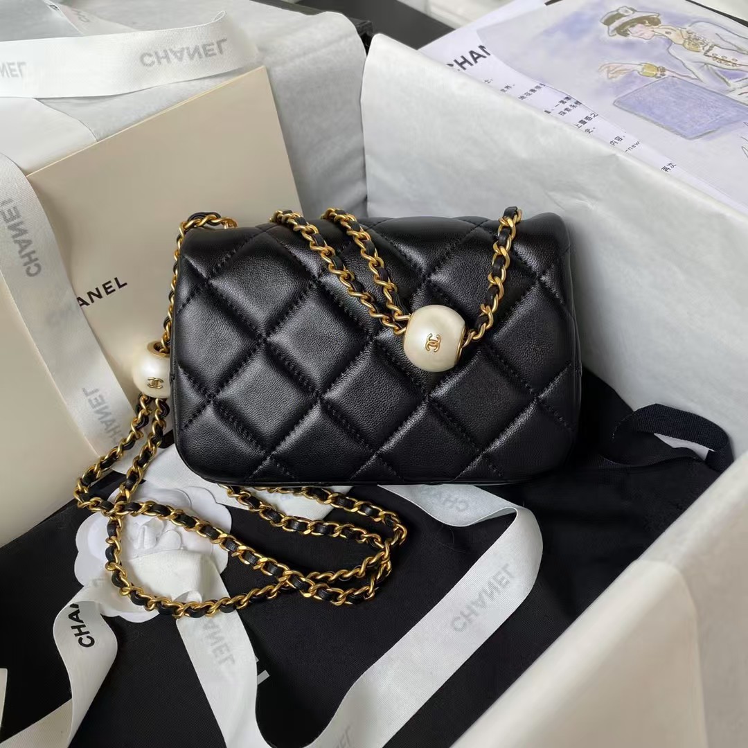 Replicate Chanel AS4868 Mini Flap Bag Pearl Lambskin Faux Pearl   Gold Metal Black(1:1 replica)