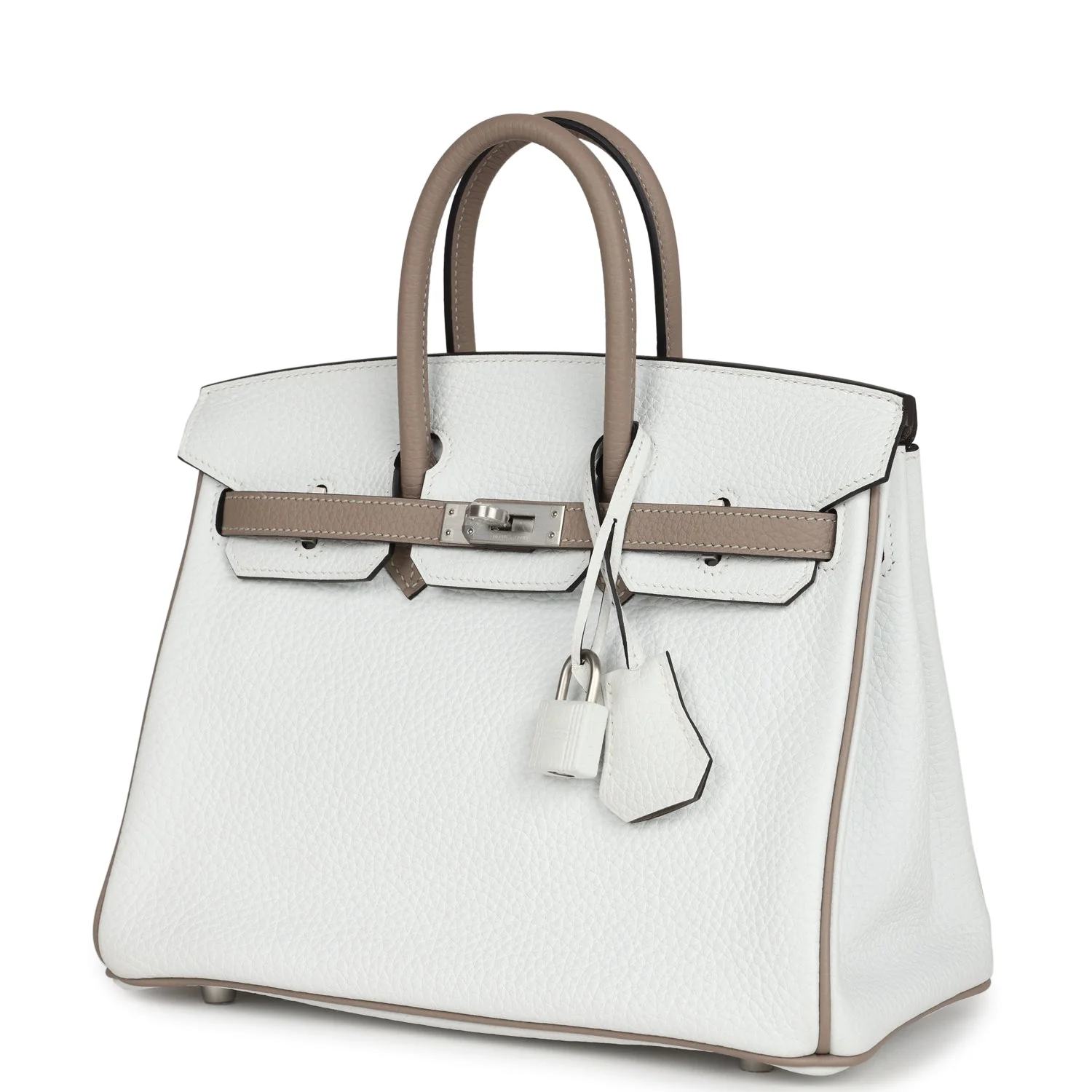 Replicate Hermes Special Order (HSS) Birkin 25 White and Etoupe Clemence Brushed Palladium Hardware(1:1 replica)