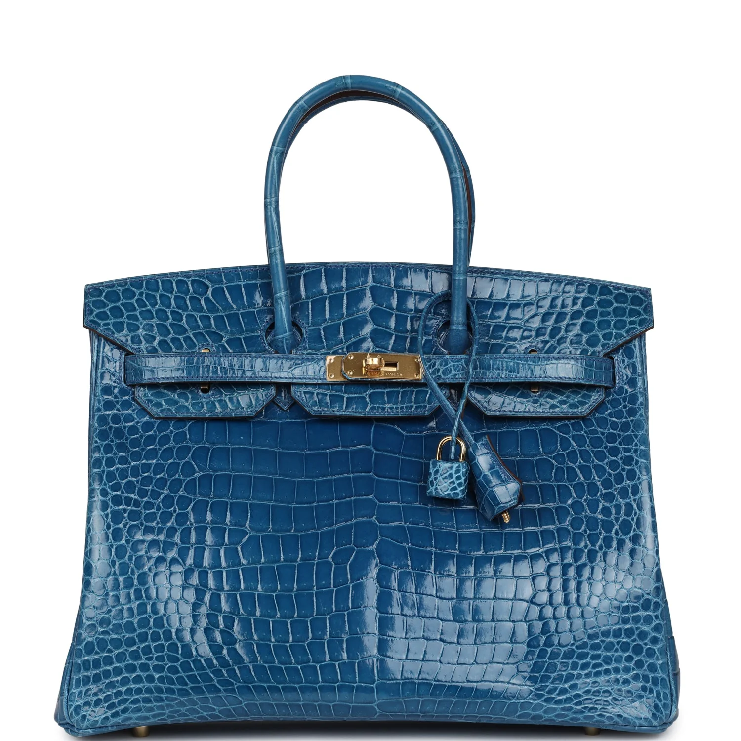 Replicate Hermes Birkin 35 Bleu Mykonos Shiny Porosus Crocodile Gold Hardware(1:1 replica)