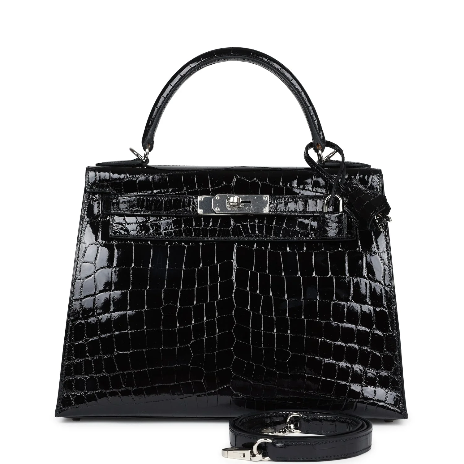 Replicate Hermes Kelly Sellier 28 Black Shiny Niloticus Crocodile Palladium Hardware(1:1 replica)