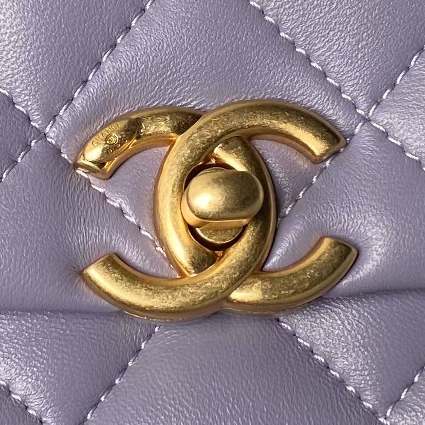Replicate Chanel AS5001 Mini Flap Bag Top Handle Shiny Lambskin Faux Pearl   Gold Metallic Purple(1:1 replica)
