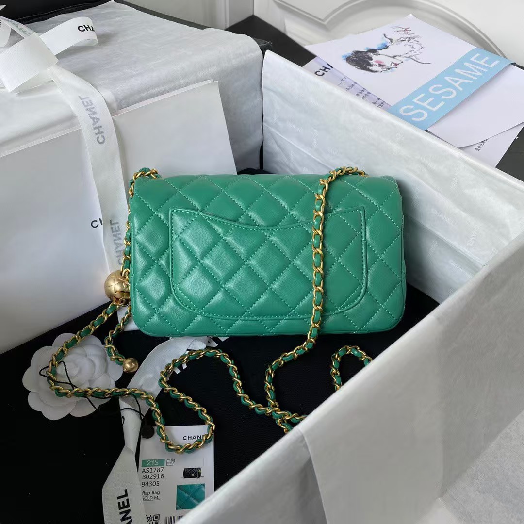 Replicate Chanel 23K AS1787 Mini Pearl Embossed Rectangular Flap Bag Lambskin Brushed Metal Hardware Green(1:1 replica)