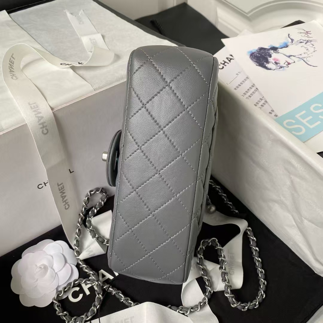 Replicate Chanel 23K AS1787 Mini Pearl Embossed Rectangular Flap Bag Lambskin Brushed Silver Metal Hardware Dark Grey(1:1 replica)