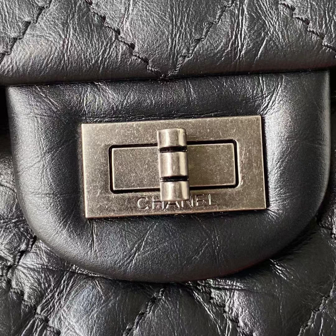 Replicate Chanel 23A Classic Mini 2.55 Flap Bag Black Distressed Calfskin Ruthenium Hardware(1:1 replica)