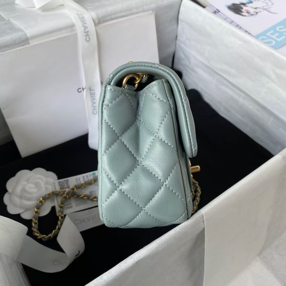 Replicate Chanel 23K AS1787 Mini Pearl Embossed Rectangular Flap Bag Lambskin Brushed Metal Hardware Light Blue(1:1 replica)