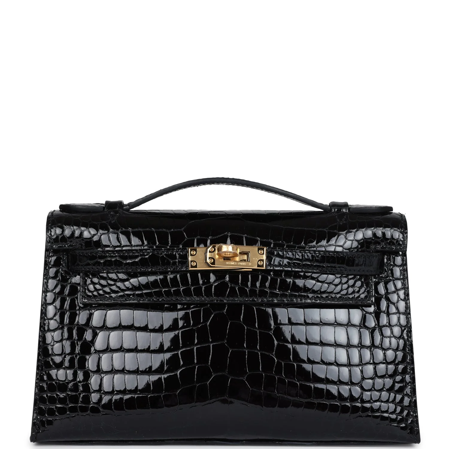 Replicate Hermes Kelly Pochette Black Shiny Porosus Crocodile Gold Hardware(1:1 replica)