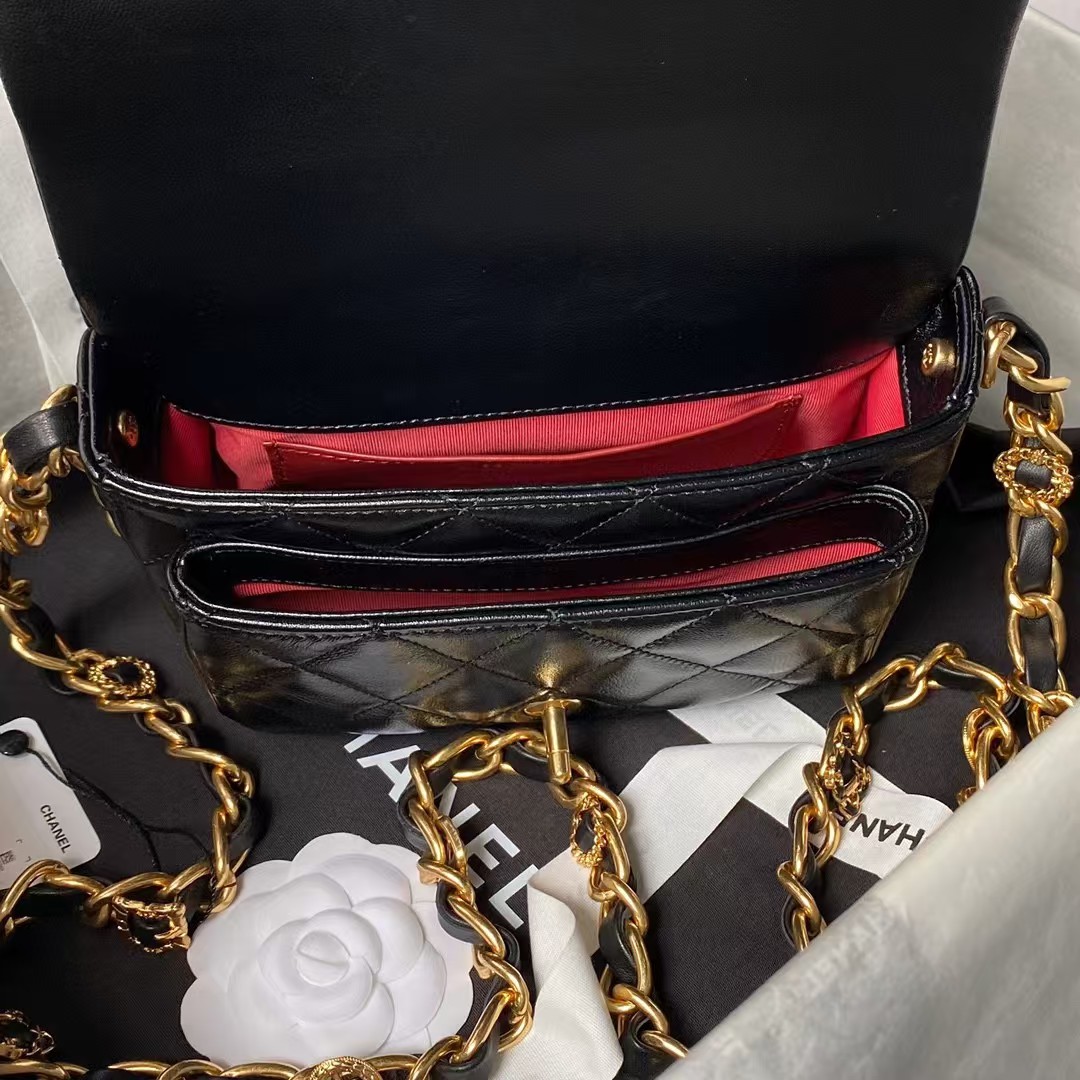 Replicate Chanel 24A AS4992 Mini Shiny Lambskin Flap Bag With Top Handle Black(1:1 replica)