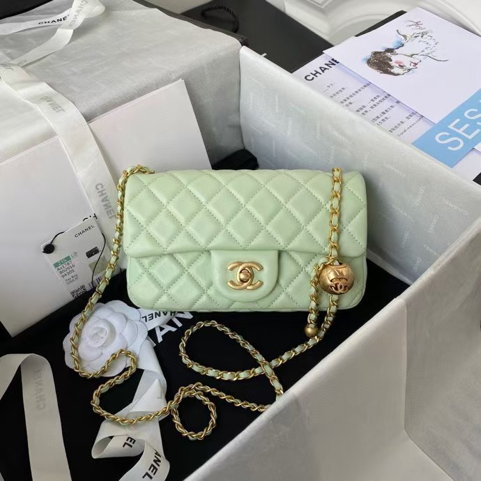 Replicate Chanel 23K AS1787 Mini Pearl Embossed Rectangular Flap Bag Lambskin Brushed Metal Hardware Light Green(1:1 replica)