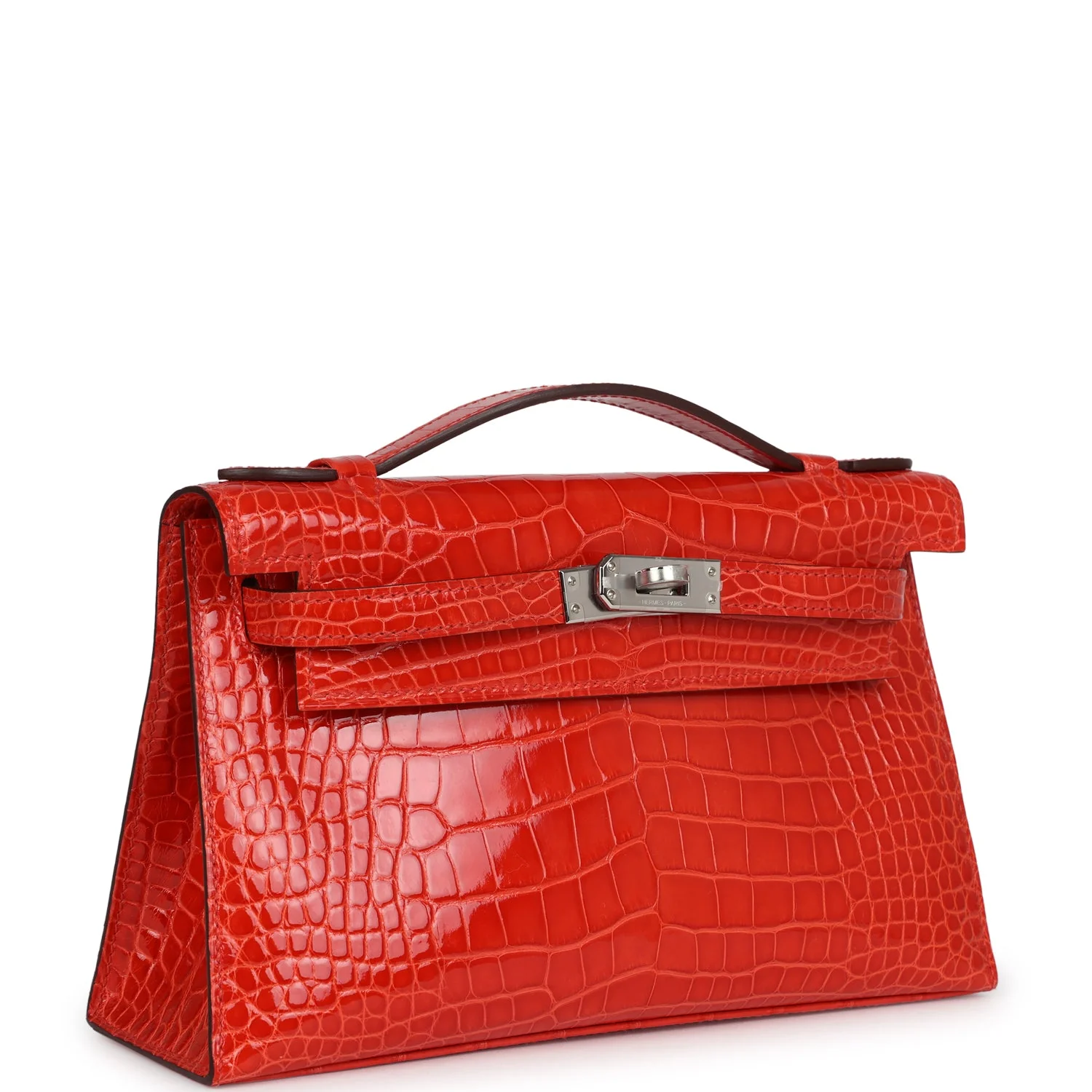 Replicate Hermes Kelly Pochette Orange Poppy Shiny Alligator Palladium Hardware(1:1 replica)