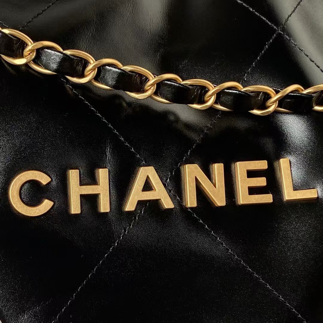 Replicate Chanel 22 Hobo Bag 24C AS4486 Gold Metallic Black Shiny Calfskin New Edition Horizontal(1:1 replica)