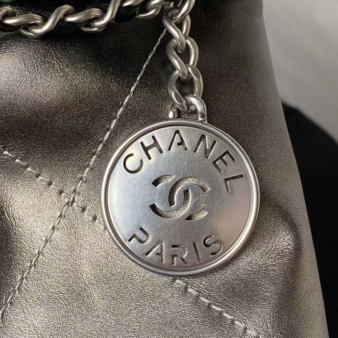 Replicate Chanel 22 AS3980 Mini Tote Shiny Calfskin   Silver Metal Silver Black(1:1 replica)