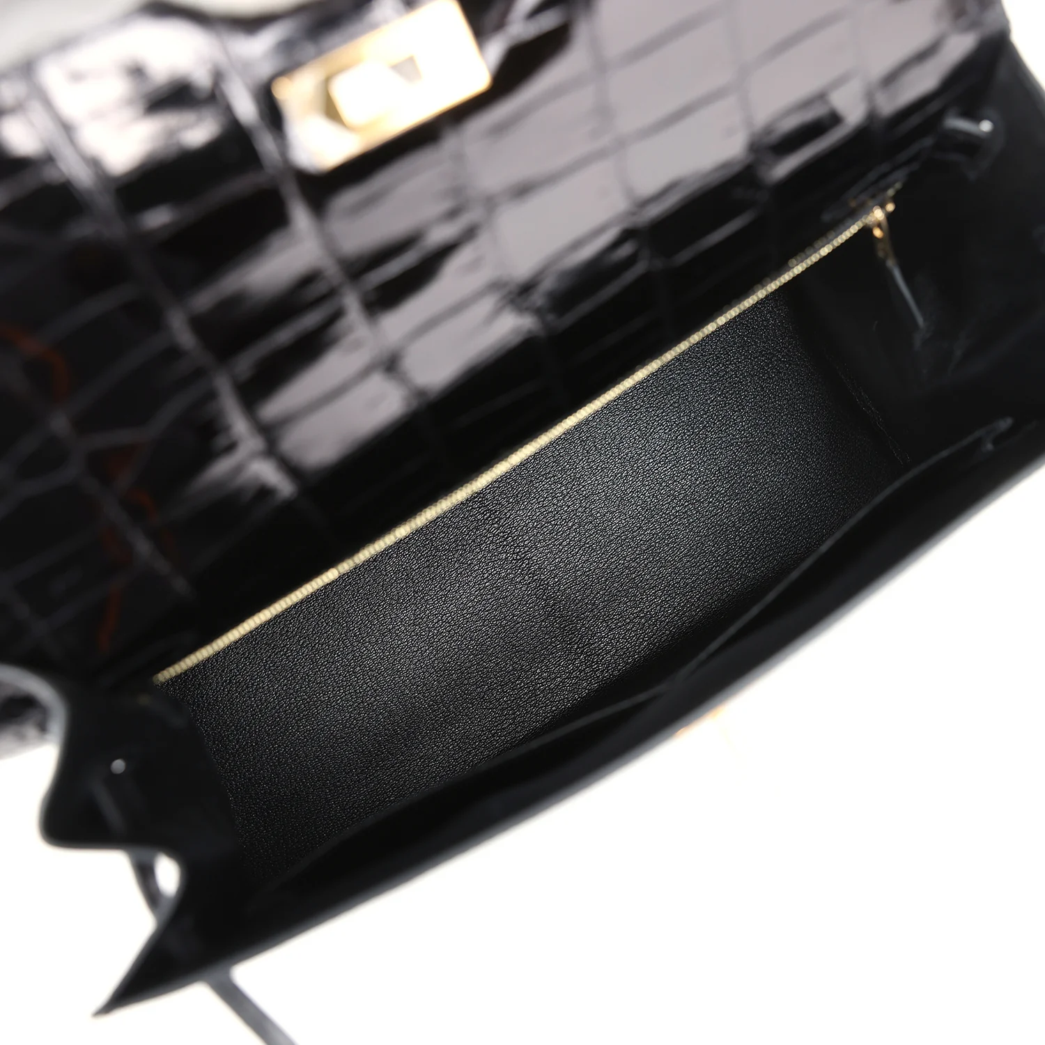 Replicate Hermes Kelly Sellier 32 Black Shiny Porosus Crocodile Gold Hardware(1:1 replica)