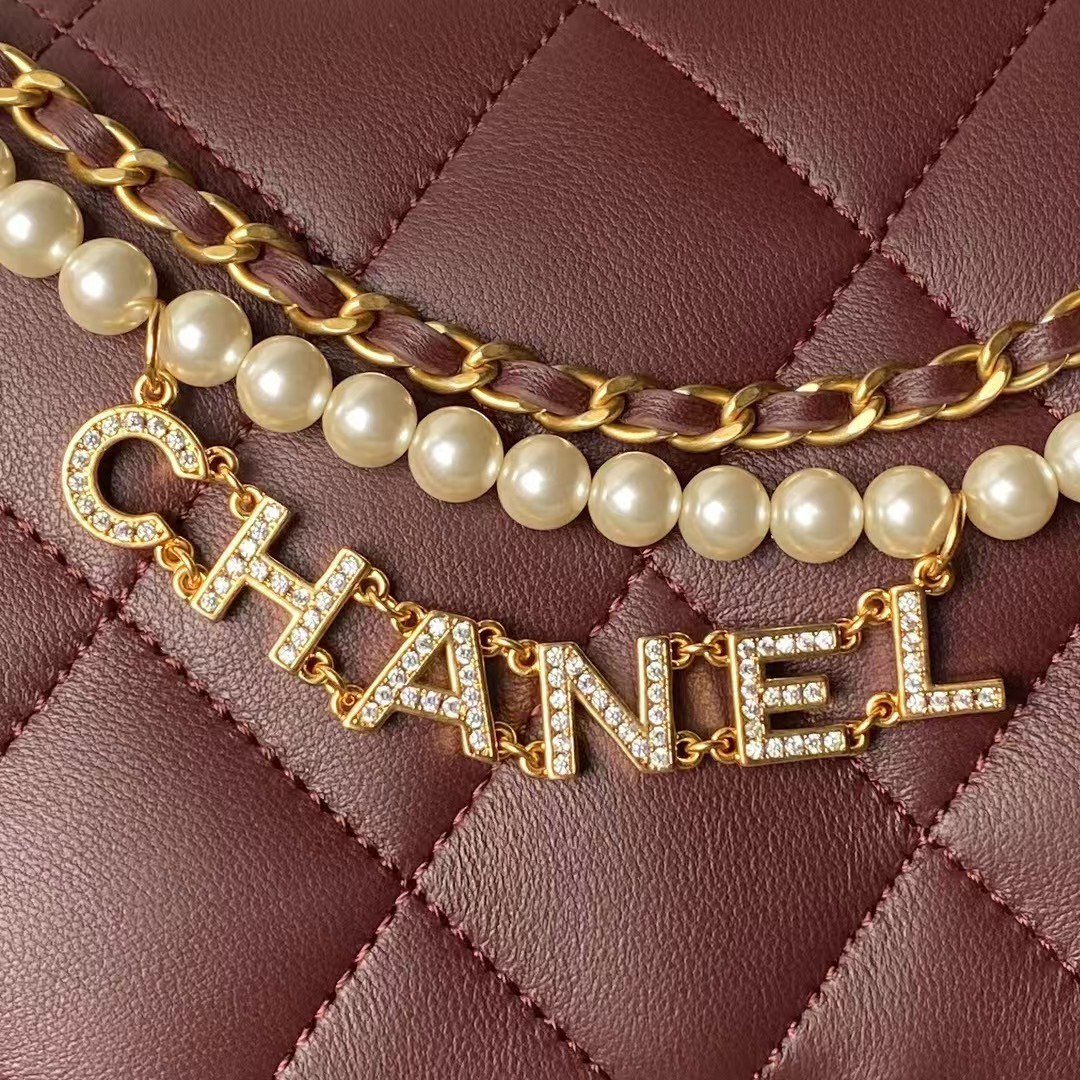 Replicate Chanel AS5011 Flap bag Shiny Lambskin Imitation Pearls   Gold-Tone Metal Wine Red(1:1 replica)