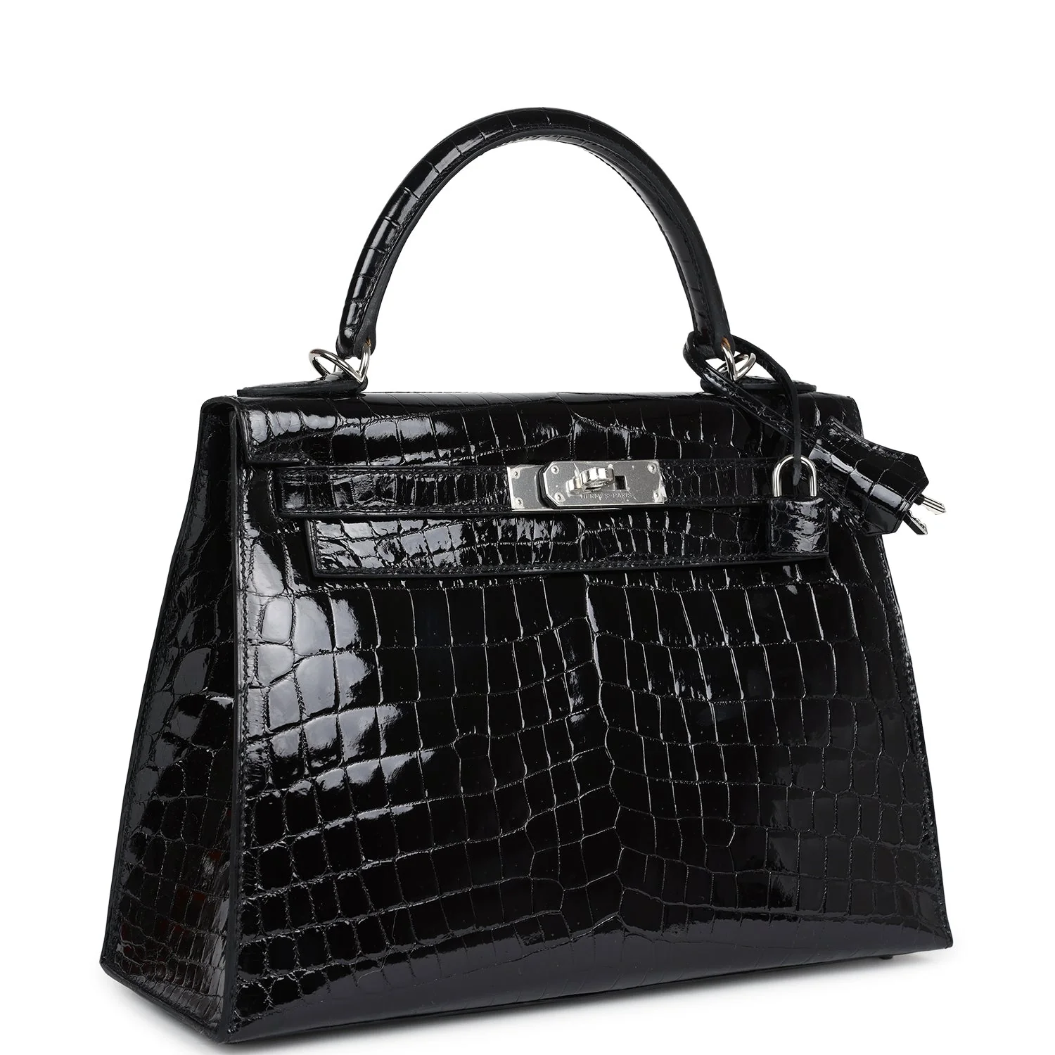 Replicate Hermes Kelly Sellier 28 Black Shiny Niloticus Crocodile Palladium Hardware(1:1 replica)