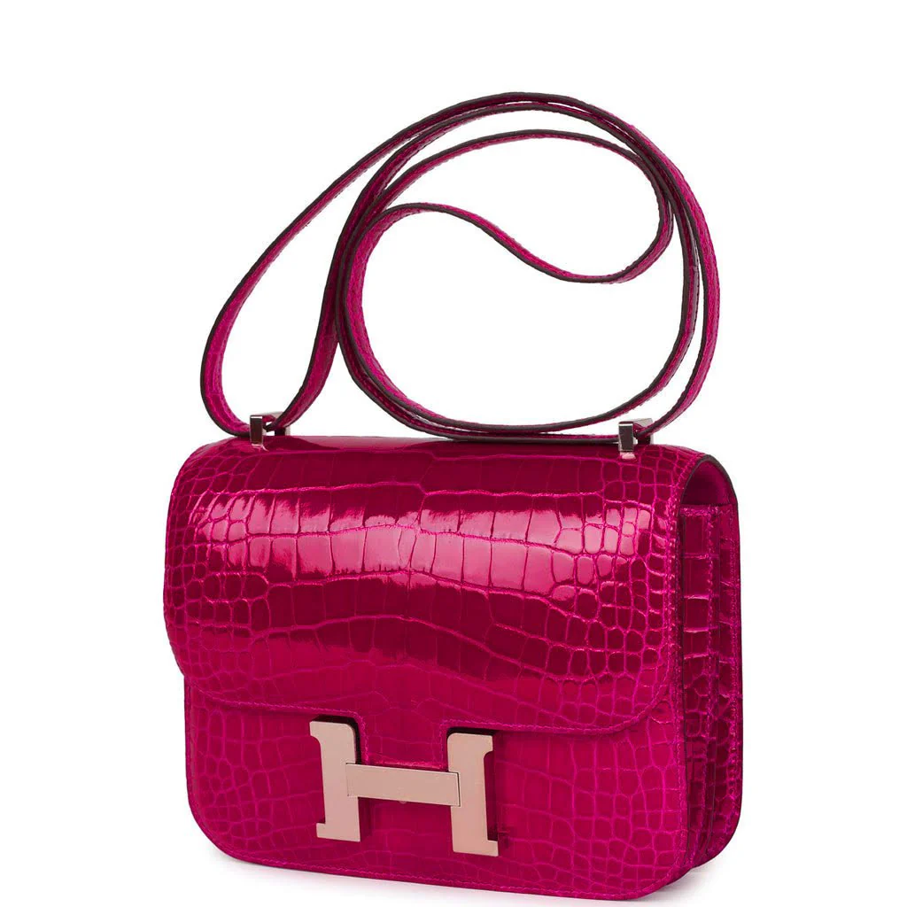 Replicate Hermes Constance 18 Rose Pourpre Shiny Alligator Palladium Hardware(1:1 replica)